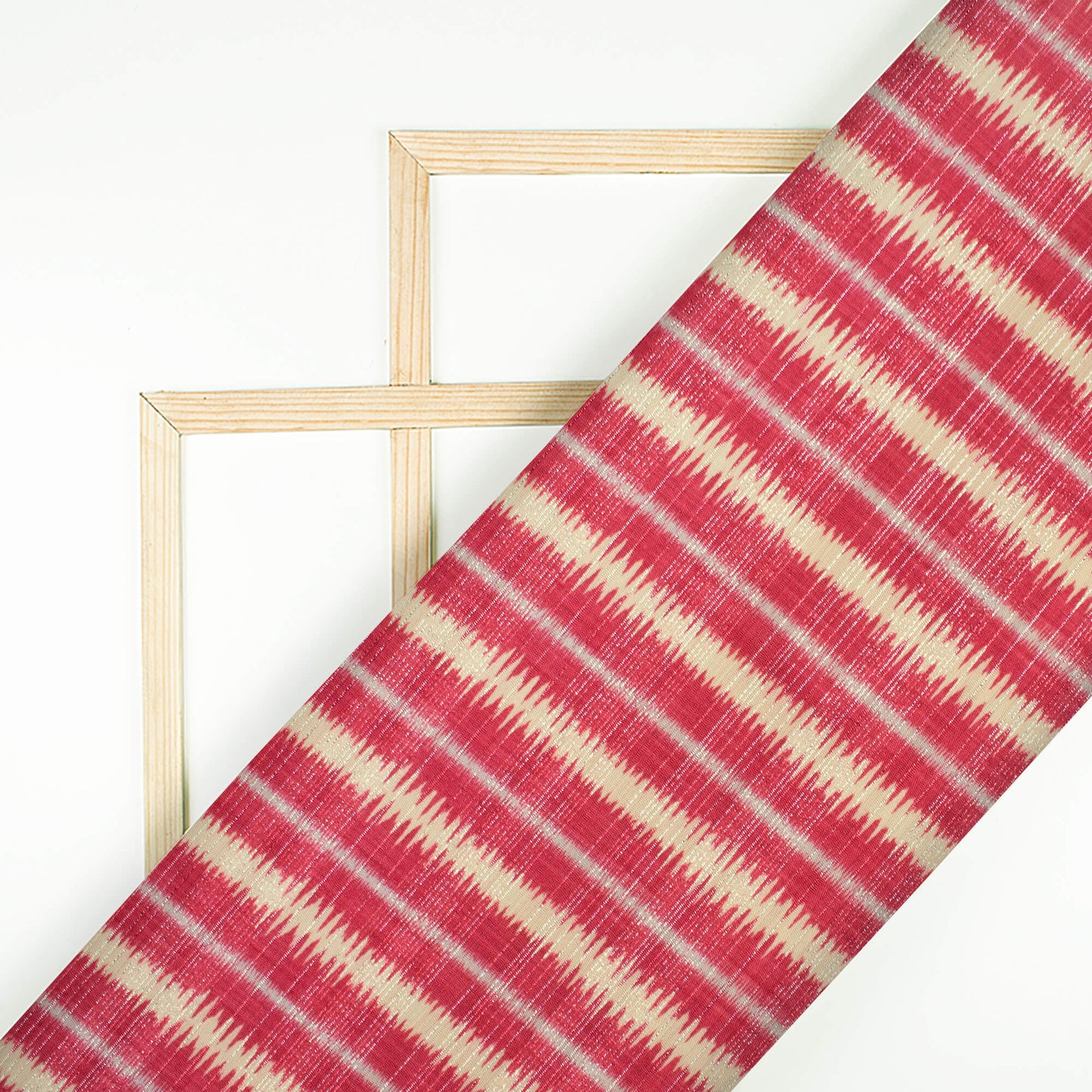 Cerise Pink And Cream Stripes Pattern Digital Print Silver Lurex Jacquard Fabric (Width 54 Inches)