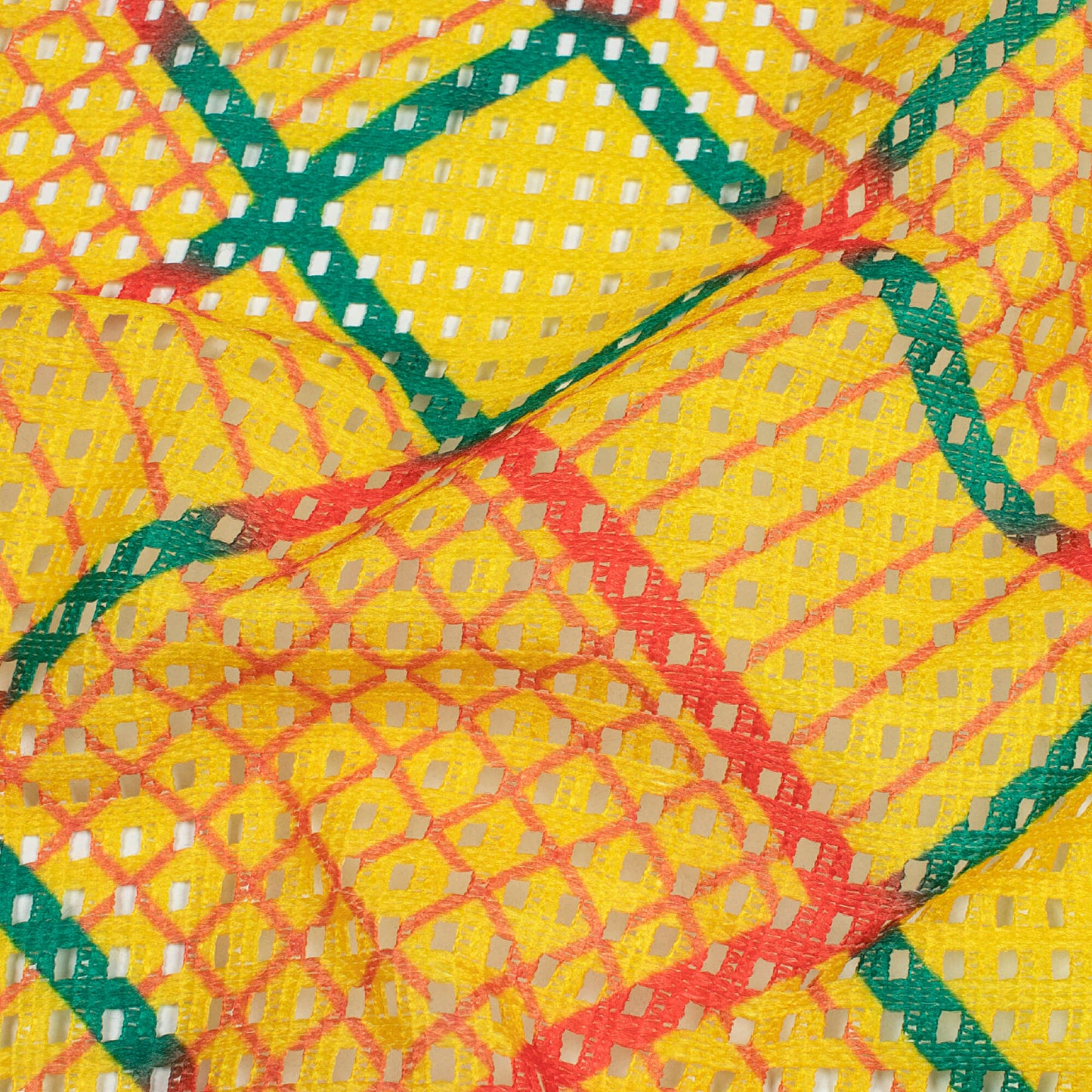 Tuscany Yellow And Green Bandhani Pattern Digital Print Checks Raschel Net Fabric (Width 58 Inches)
