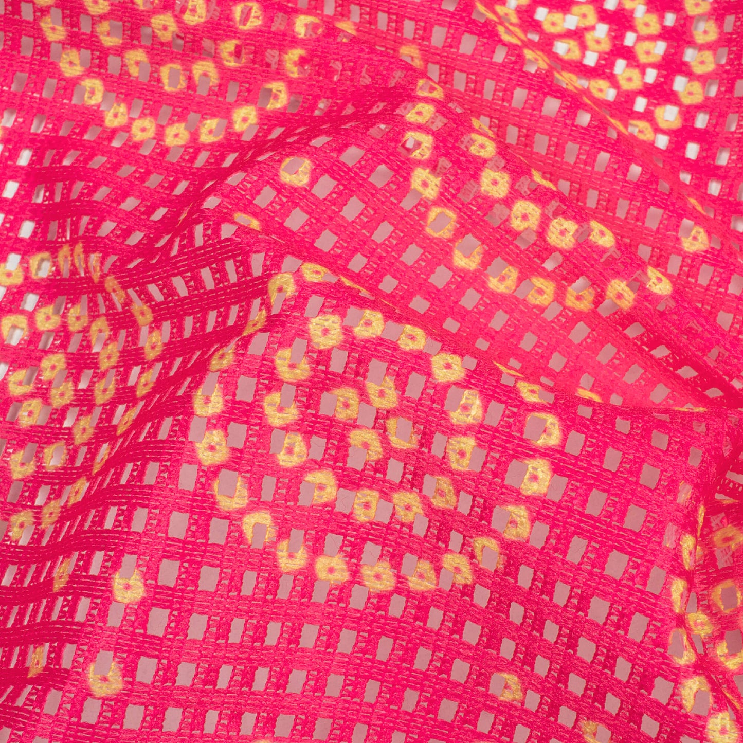 Hot Pink And Yellow Bandhani Pattern Digital Print Checks Raschel Net Fabric (Width 58 Inches)