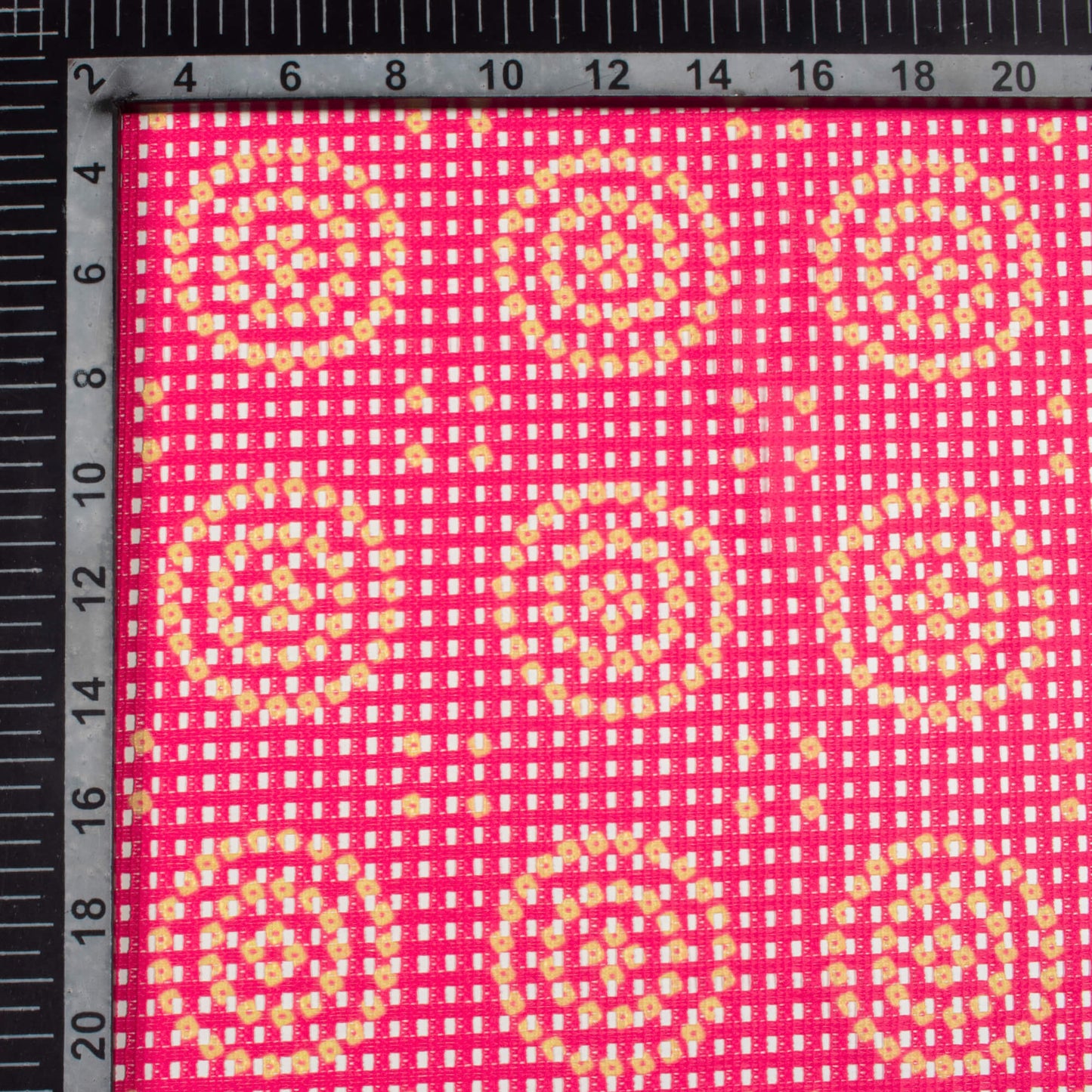 Hot Pink And Yellow Bandhani Pattern Digital Print Checks Raschel Net Fabric (Width 58 Inches)
