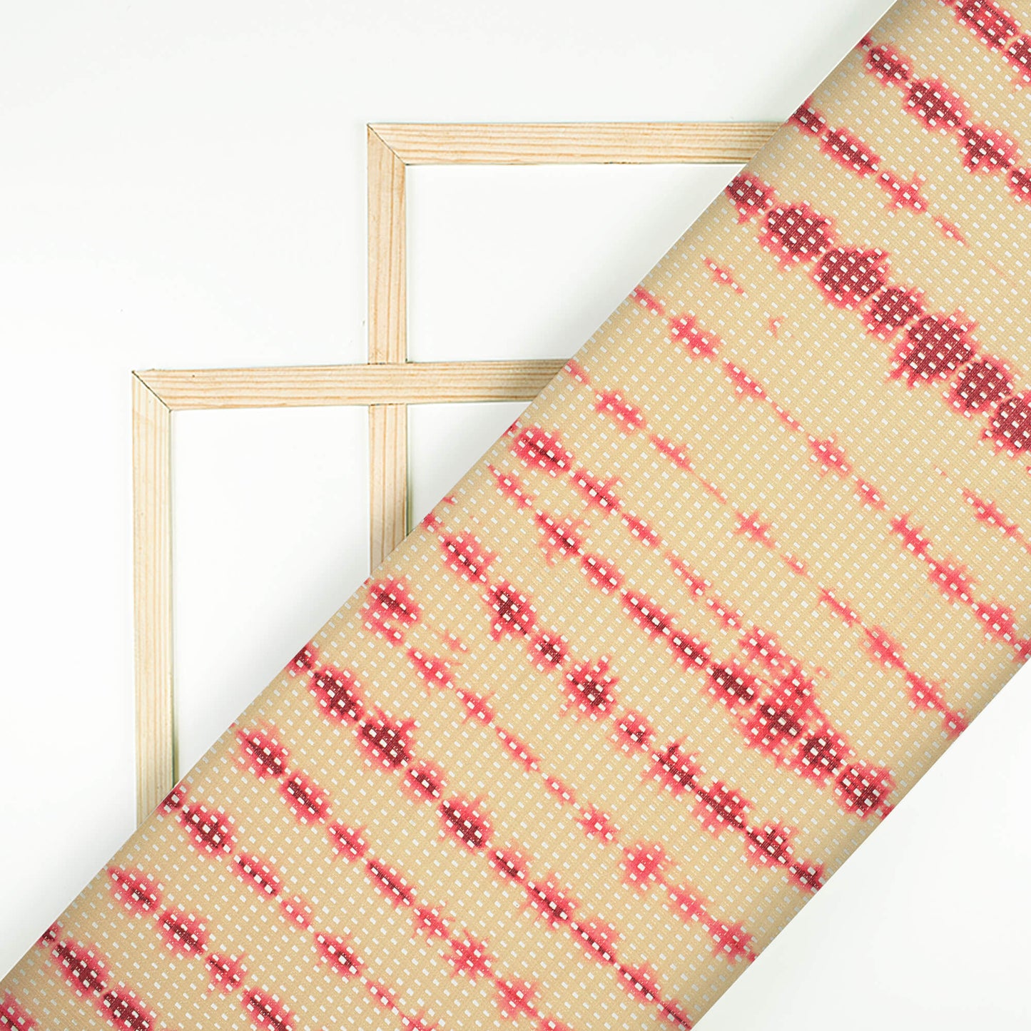 Beige And Pink Shibori Pattern Digital Print Checks Raschel Net Fabric (Width 58 Inches)