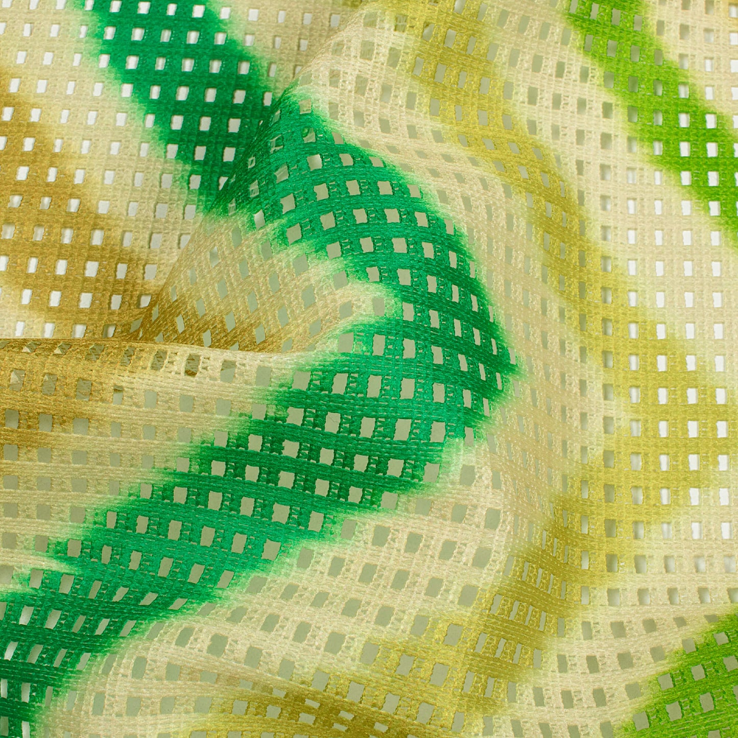 Green And Beige Chevron Pattern Digital Print Checks Raschel Net Fabric (Width 58 Inches)