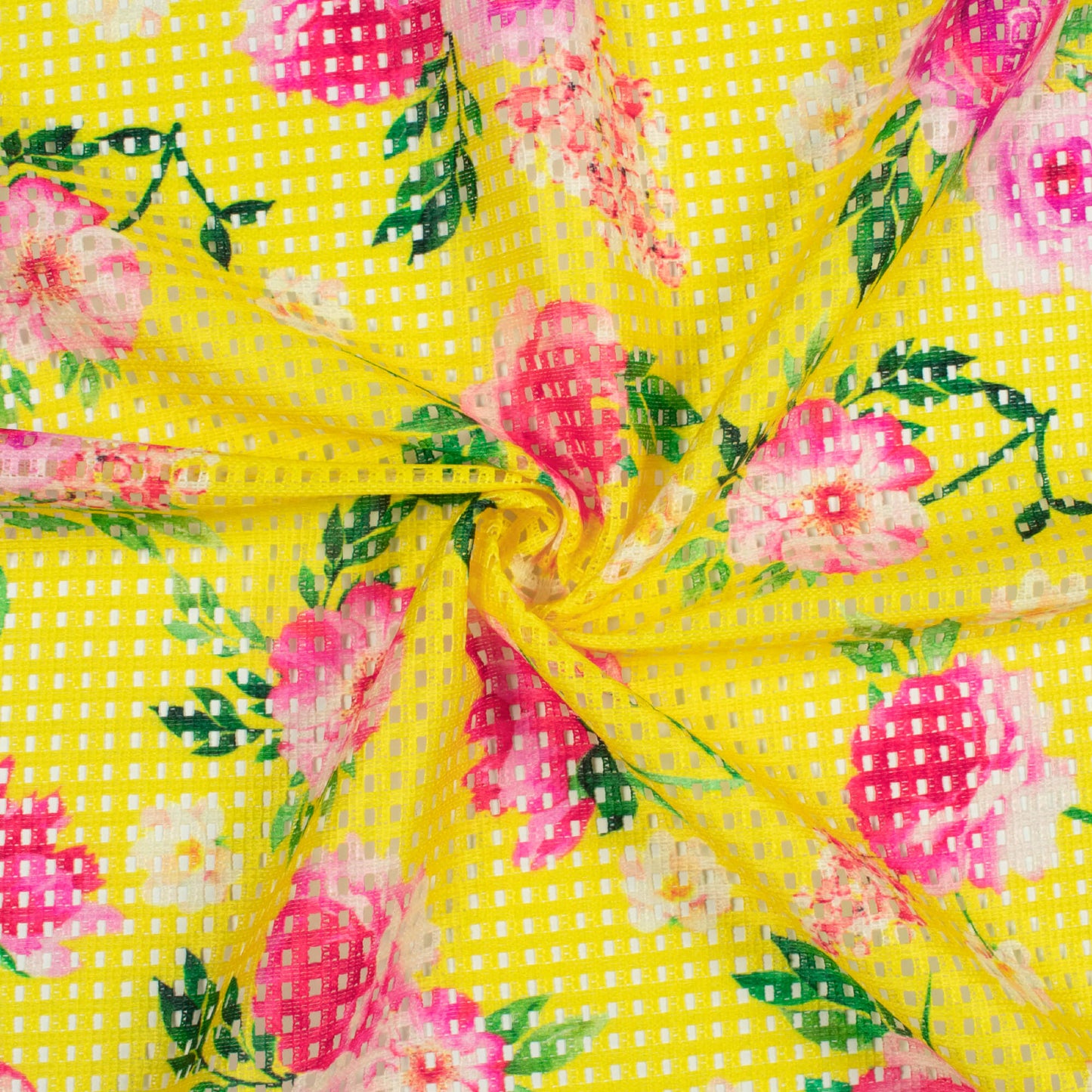 Bumblebee Yellow And Pink Floral Pattern Digital Print Checks Raschel Net Fabric (Width 58 Inches)
