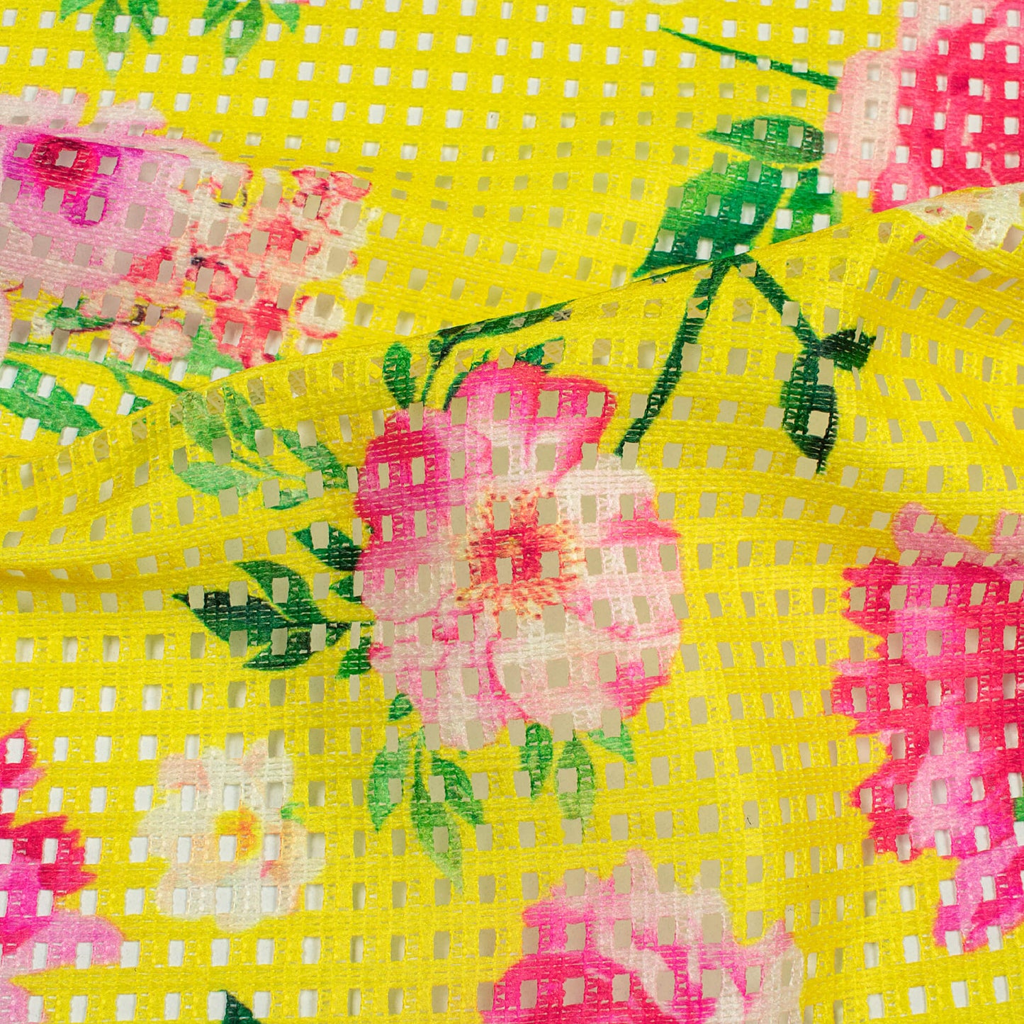 Bumblebee Yellow And Pink Floral Pattern Digital Print Checks Raschel Net Fabric (Width 58 Inches)