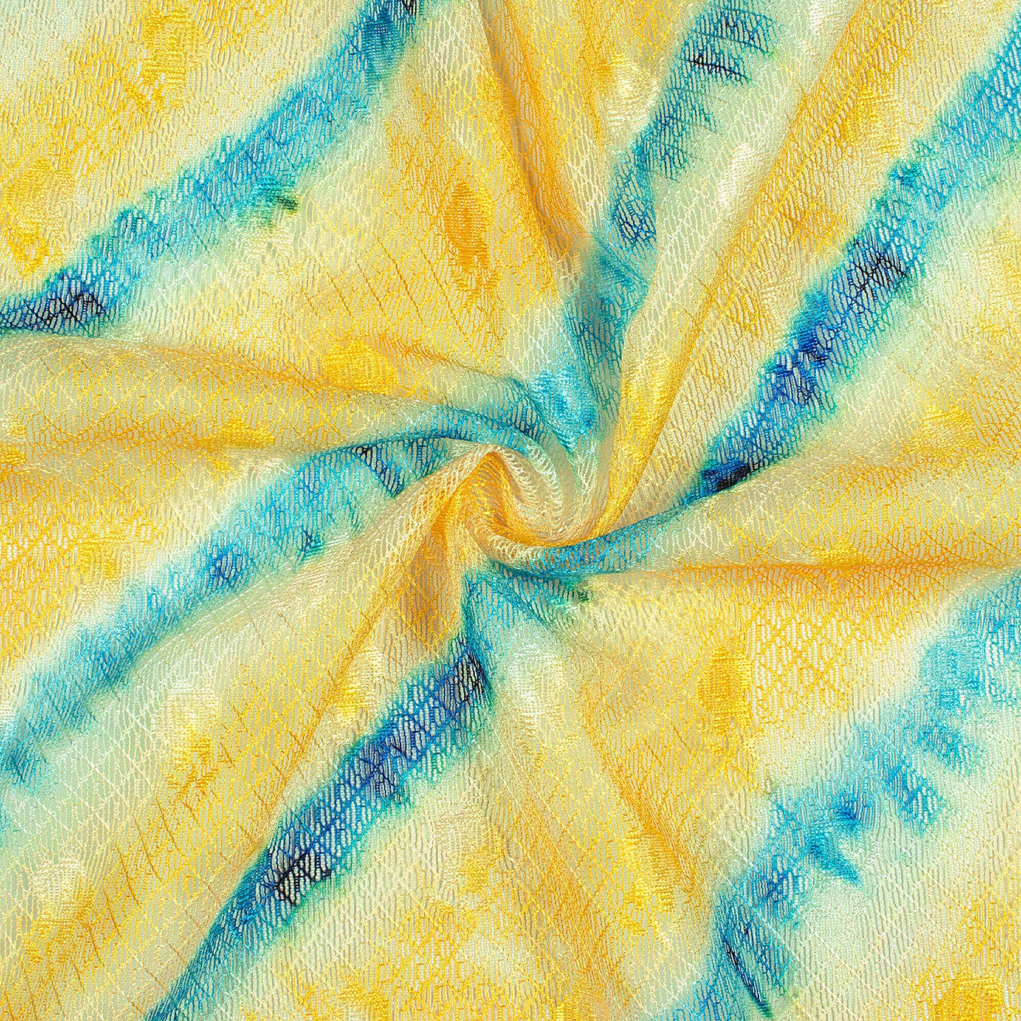 Bumblebee Yellow And Azure Blue Leheriya Pattern Digital Print Booti Raschel Net Fabric (Width 58 Inches)
