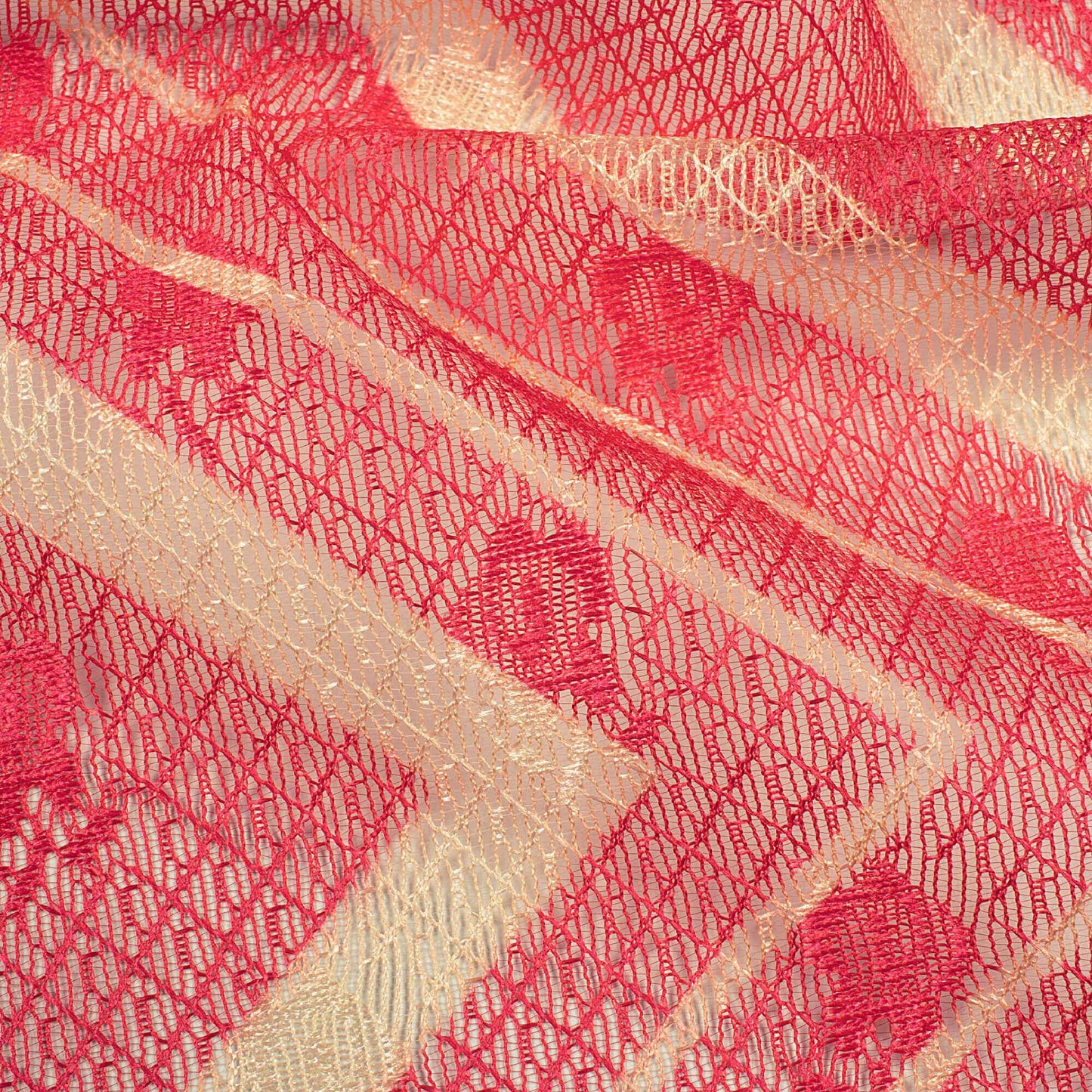 (Cut Piece 1.5 Mtr) Candy Red And Cream Chevron Pattern Digital Print Booti Raschel Net Fabric (Width 58 Inches)