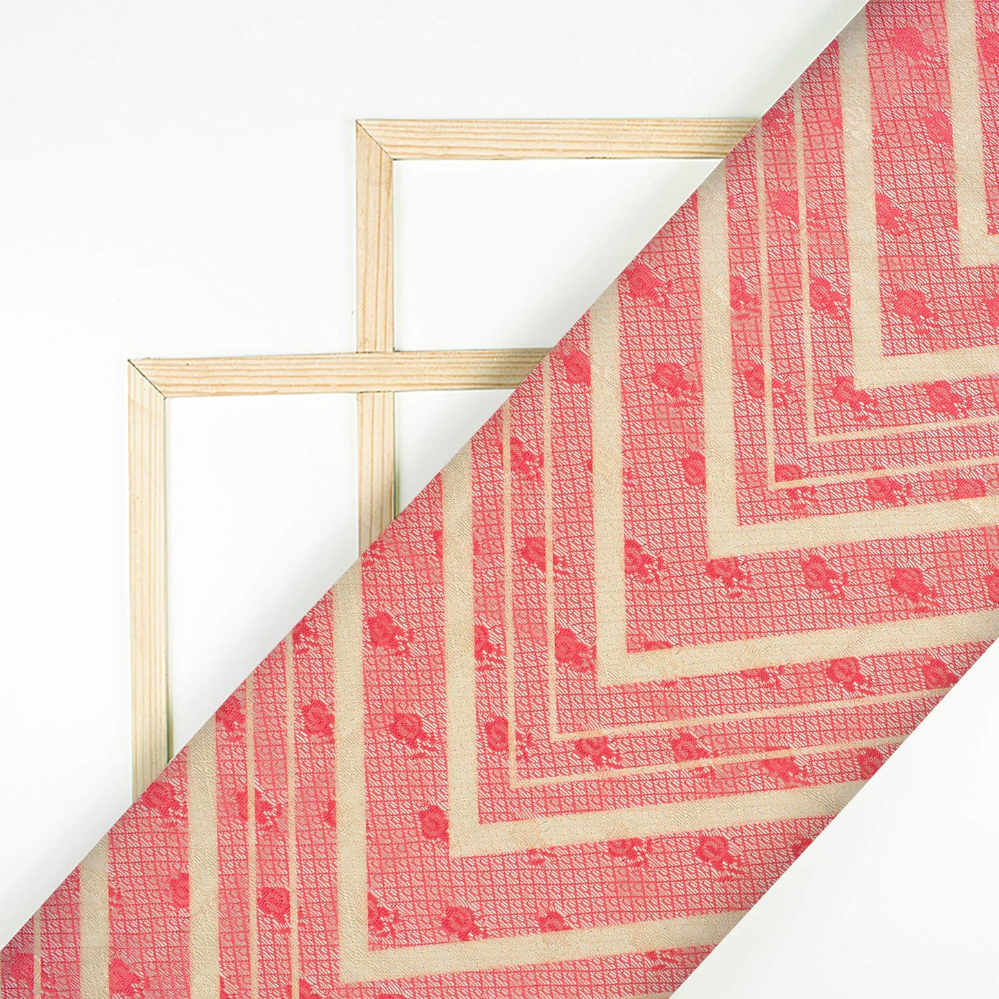 (Cut Piece 1.5 Mtr) Candy Red And Cream Chevron Pattern Digital Print Booti Raschel Net Fabric (Width 58 Inches)