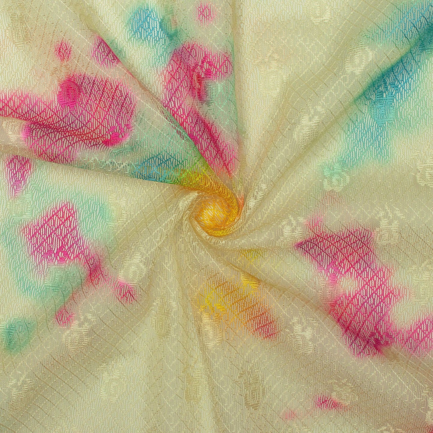 Pale Yellow And Hot Pink Tie & Dye Pattern Digital Print Booti Raschel Net Fabric (Width 58 Inches)