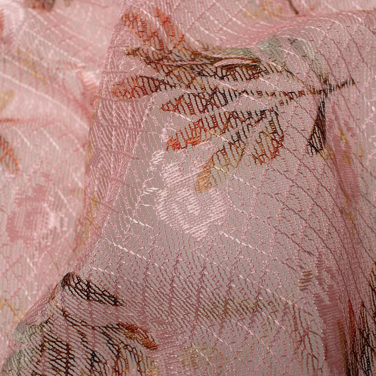 Lavender Pink Leaf Pattern Digital Print Booti Raschel Net Fabric (Width 58 Inches)