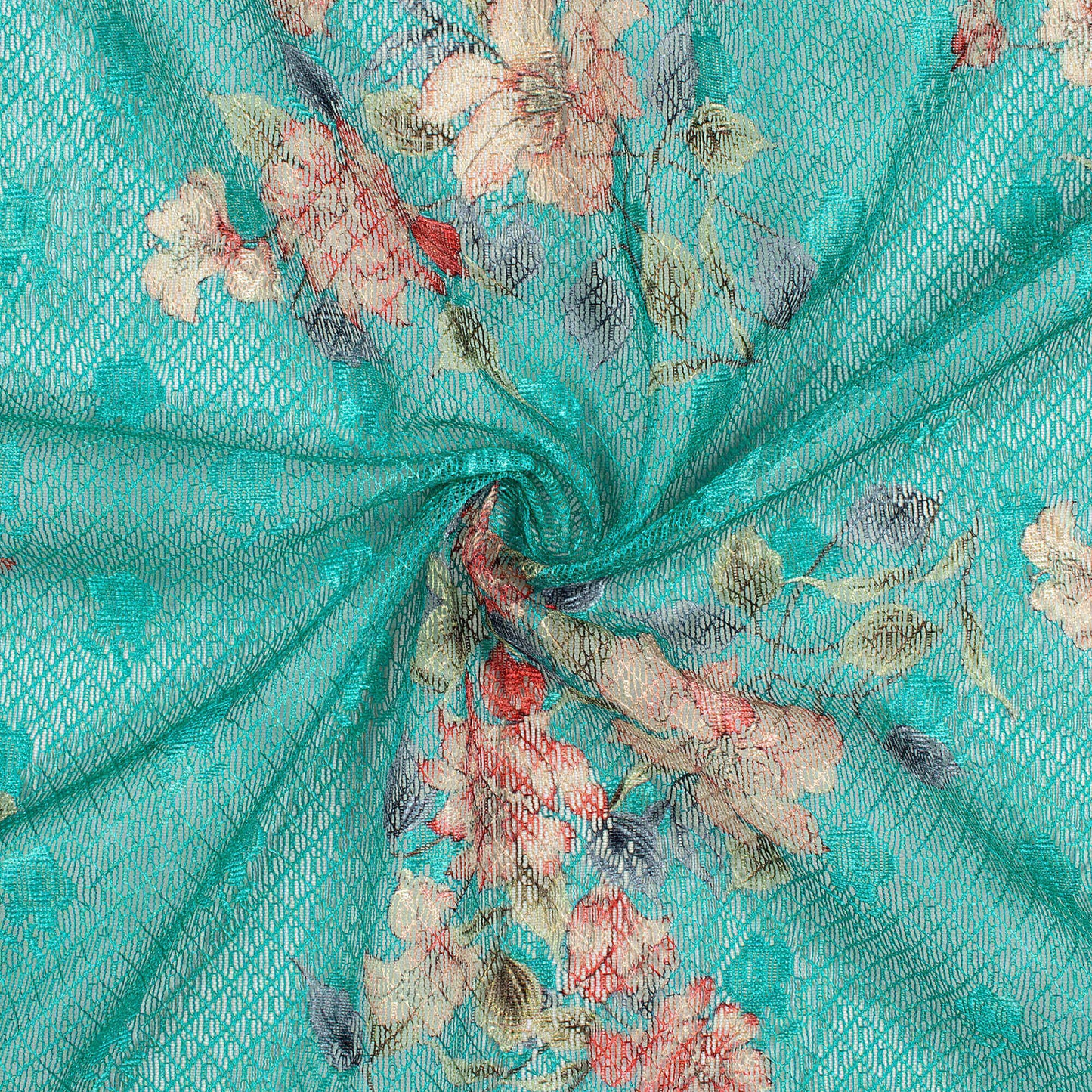 Bright Turquoise And Peach Floral Pattern Digital Print Booti Raschel Net Fabric (Width 58 Inches)