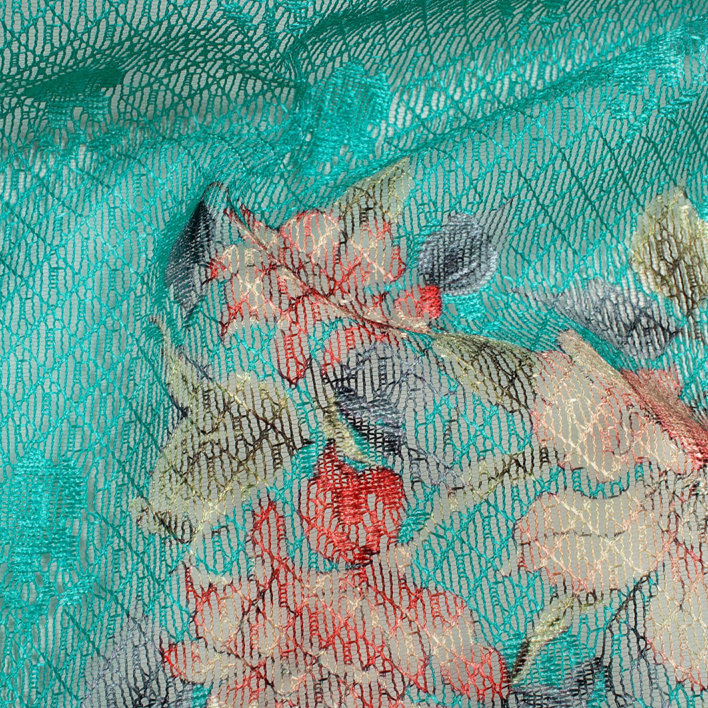 Bright Turquoise And Peach Floral Pattern Digital Print Booti Raschel Net Fabric (Width 58 Inches)