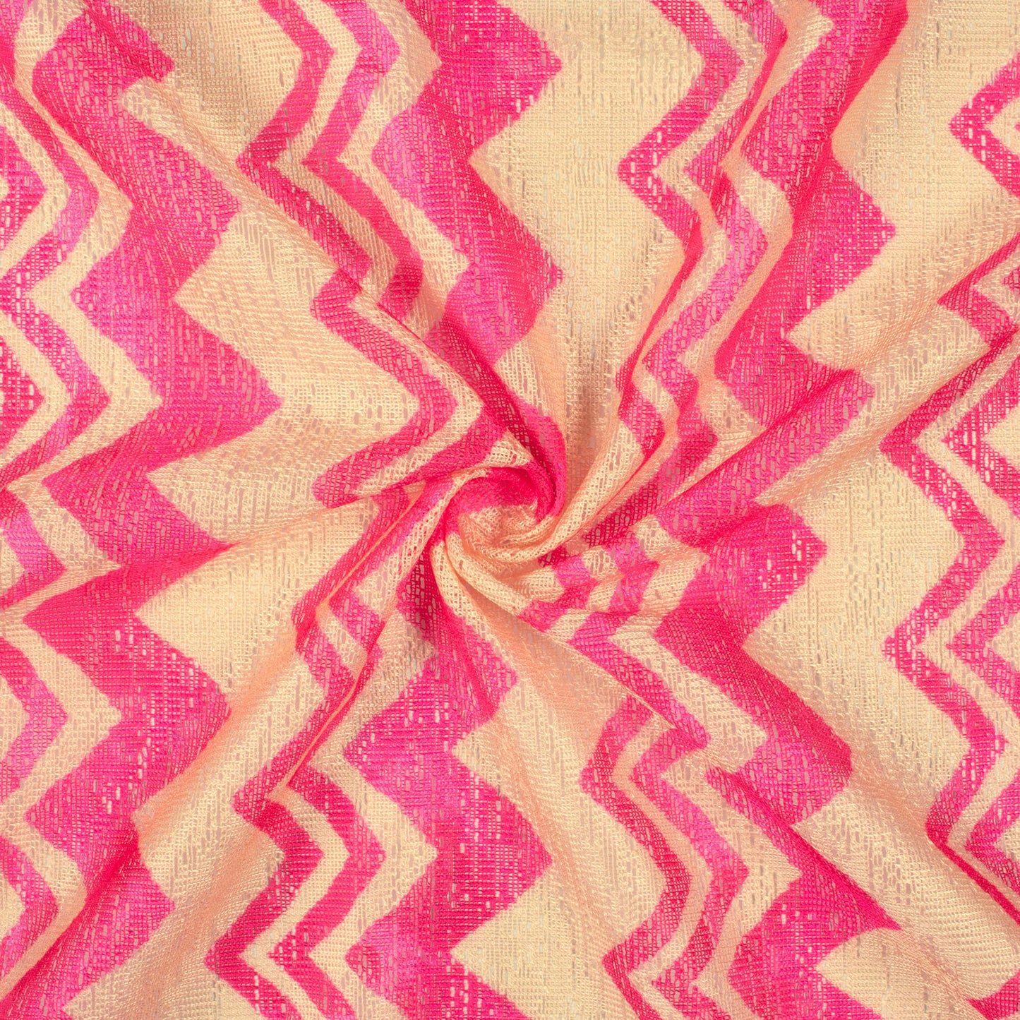 Hot Pink And Beige Chevron Pattern Digital Print Raschel Net Fabric (Width 58 Inches)