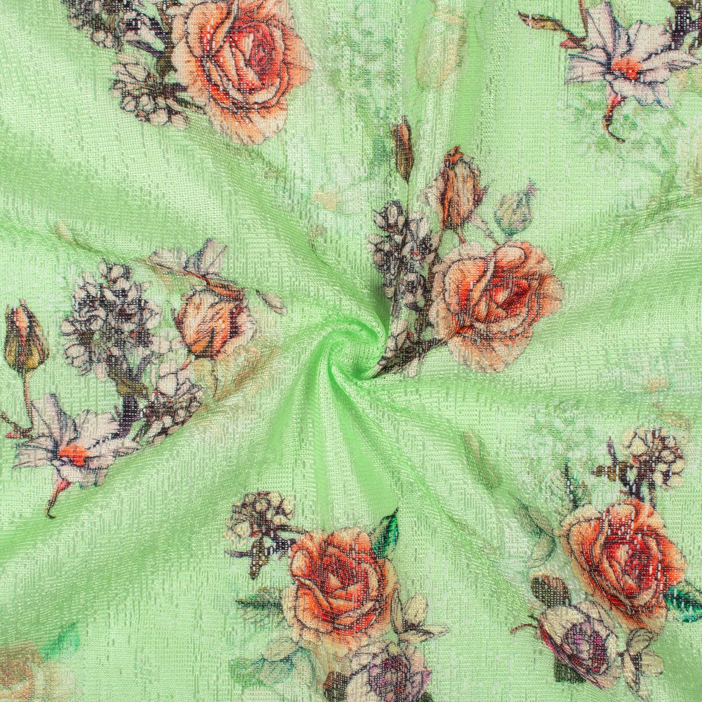 Pastel Green And Orange Floral Pattern Digital Print Raschel Net Fabric (Width 58 Inches)