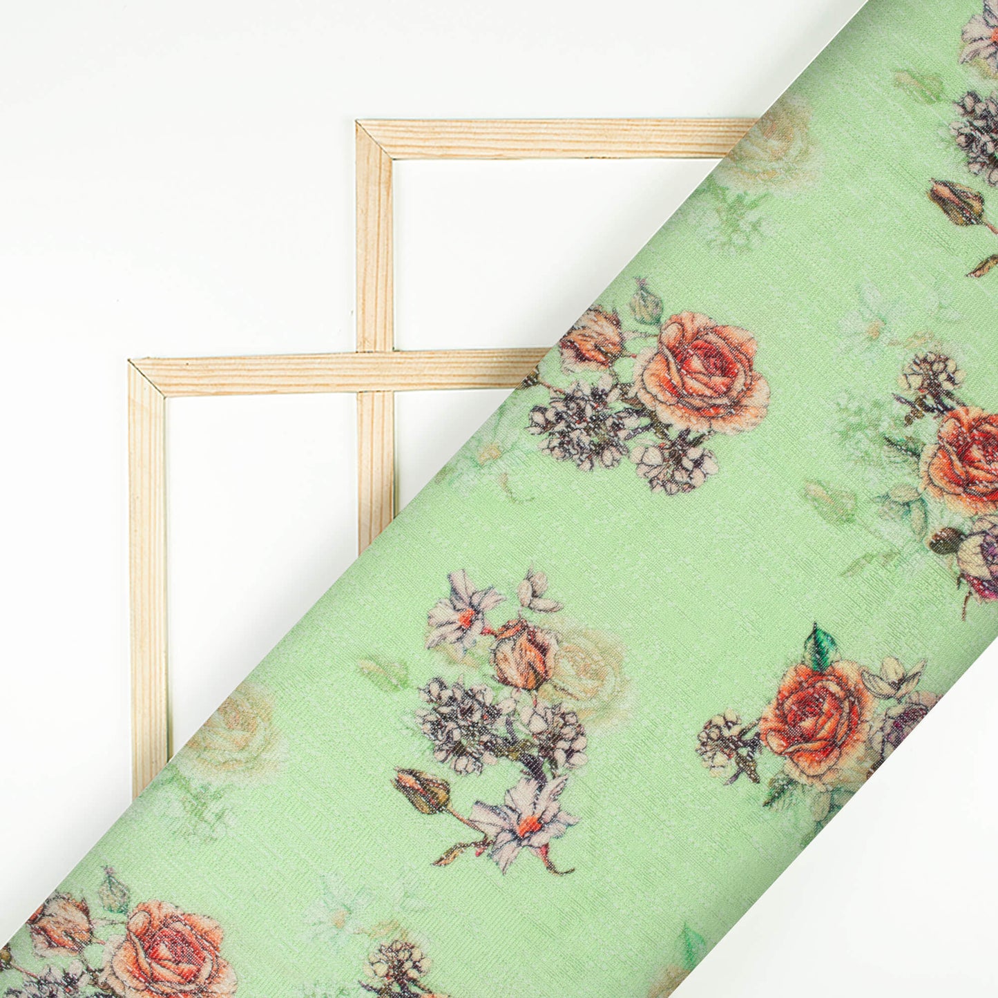Pastel Green And Orange Floral Pattern Digital Print Raschel Net Fabric (Width 58 Inches)