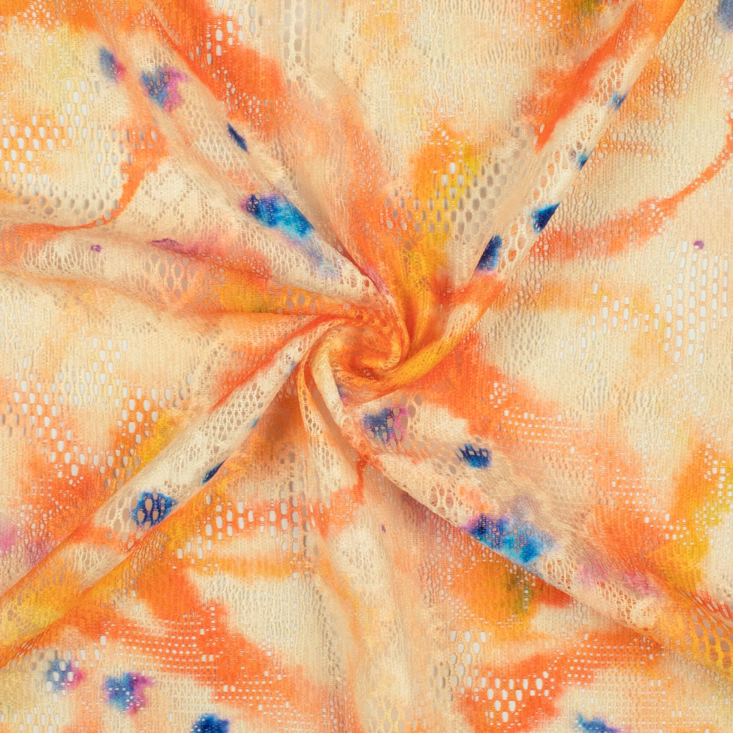 Carrot Orange And Royal Blue Abstract Pattern Digital Print Floral Raschel Net Fabric (Width 58 Inches)