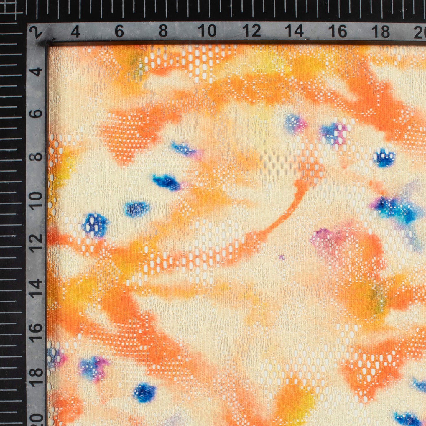 Carrot Orange And Royal Blue Abstract Pattern Digital Print Floral Raschel Net Fabric (Width 58 Inches)
