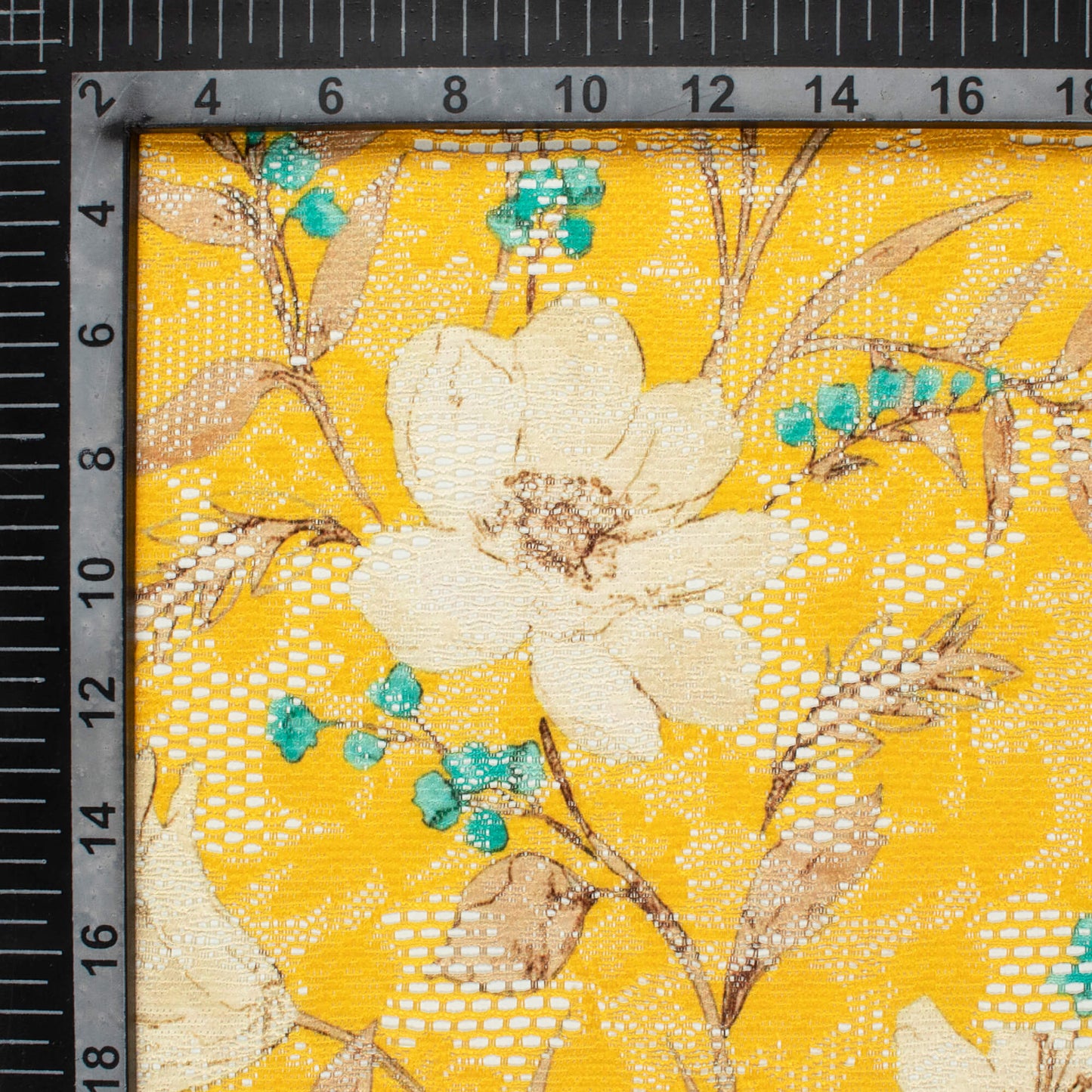 Amber Yellow And Off White Floral Pattern Digital Print Floral Raschel Net Fabric (Width 58 Inches)