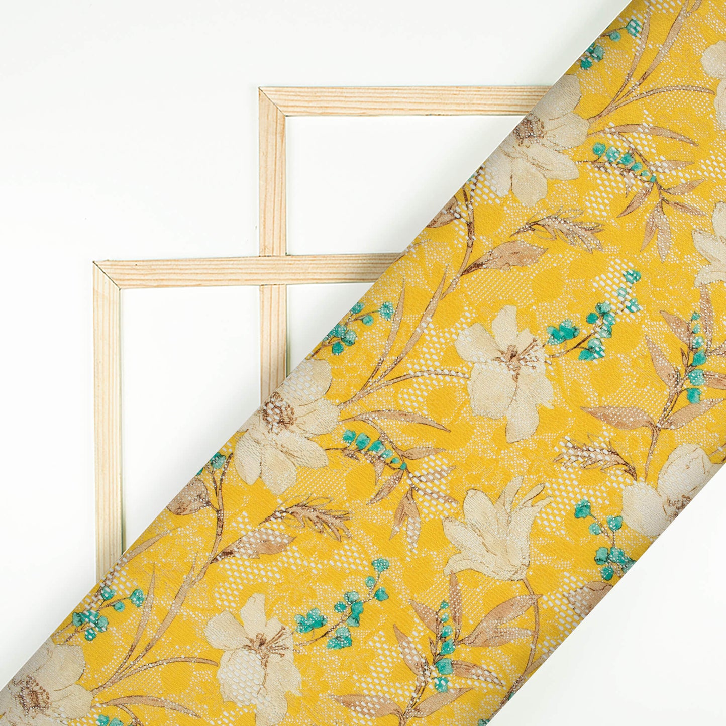 Amber Yellow And Off White Floral Pattern Digital Print Floral Raschel Net Fabric (Width 58 Inches)