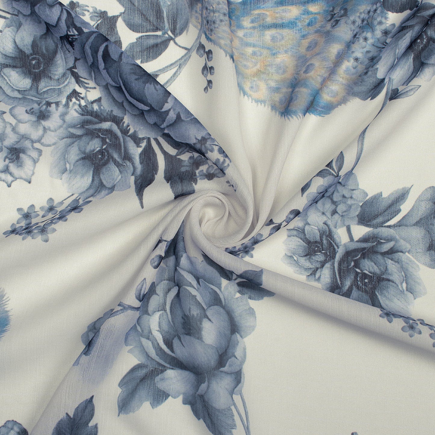 Oat Beige And Dolphin Grey Peacock Feather Pattern Digital Print Chiffon Fabric