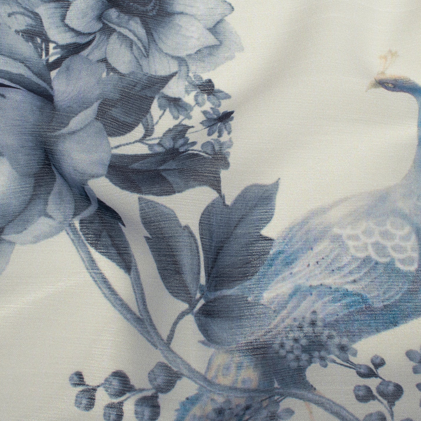 Oat Beige And Dolphin Grey Peacock Feather Pattern Digital Print Chiffon Fabric