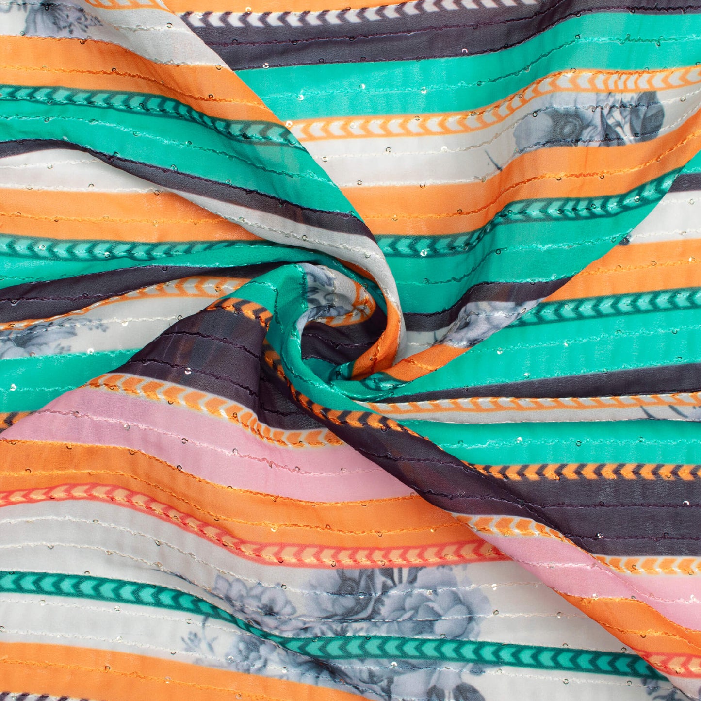 Ocean Green And Carrot Orange Stripes Pattern Digital Print Premium Sequins Georgette Fabric
