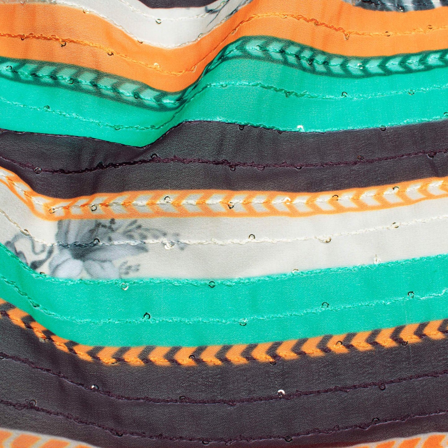 (Cut Piece 0.6 Mtr) Ocean Green And Carrot Orange Stripes Pattern Premium Sequins Digital Print Georgette Fabric