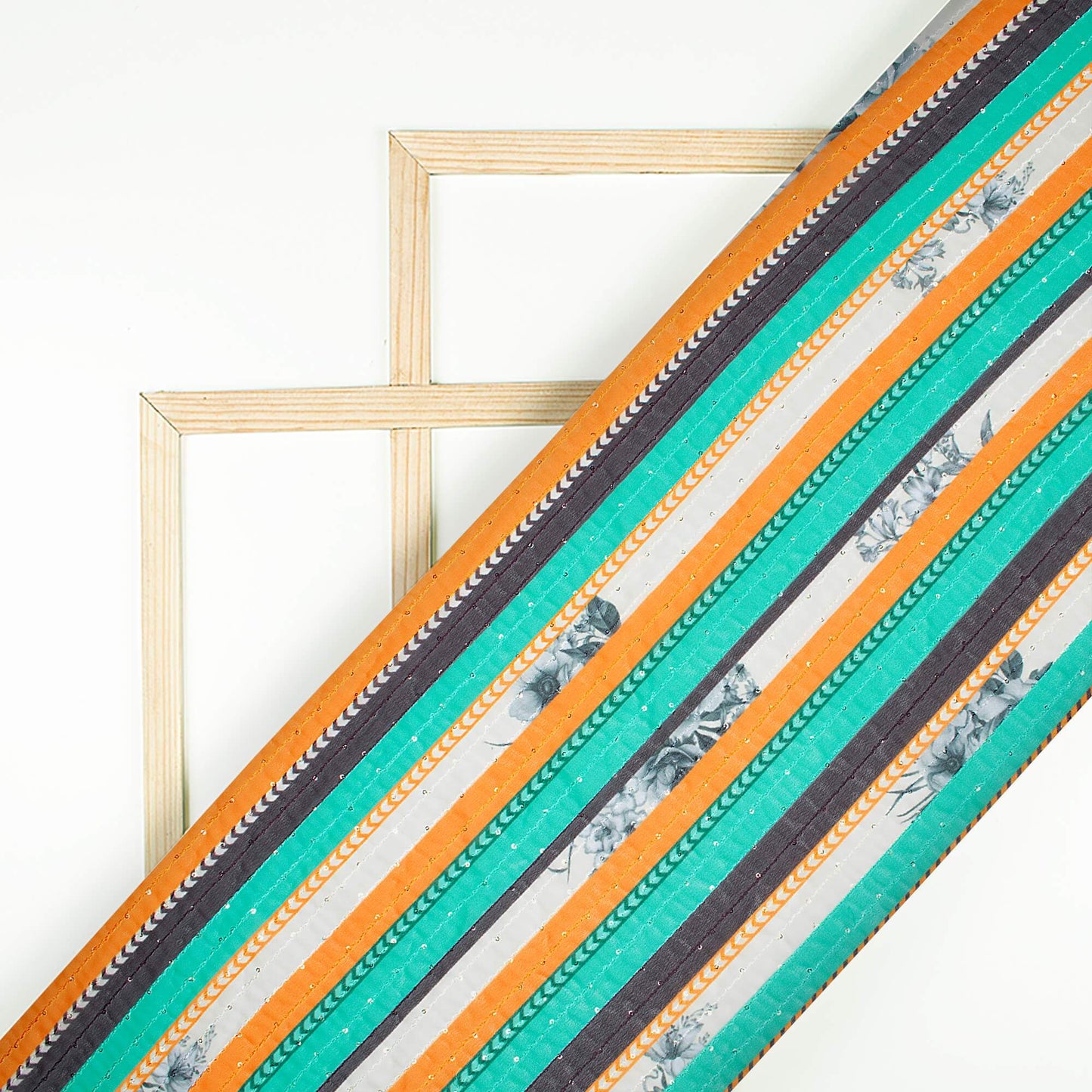 (Cut Piece 0.9 Mtr) Ocean Green And Carrot Orange Stripes Pattern Premium Sequins Digital Print Georgette Fabric