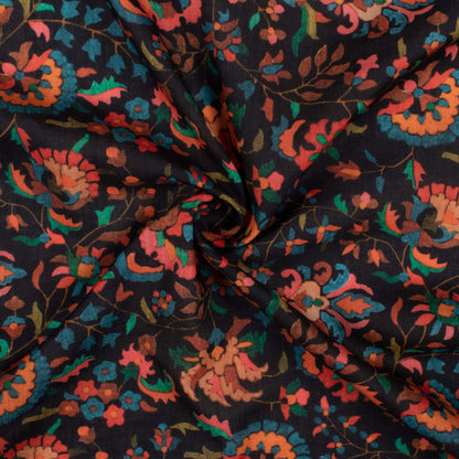 Black And Cherry Red Floral Pattern Digital Print Poly Cambric Fabric