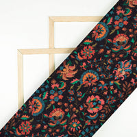 Black And Cherry Red Floral Pattern Digital Print Poly Cambric Fabric