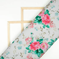 White And Rose Pink Floral Pattern Digital Print Poly Cambric Fabric