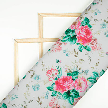 White And Rose Pink Floral Pattern Digital Print Poly Cambric Fabric