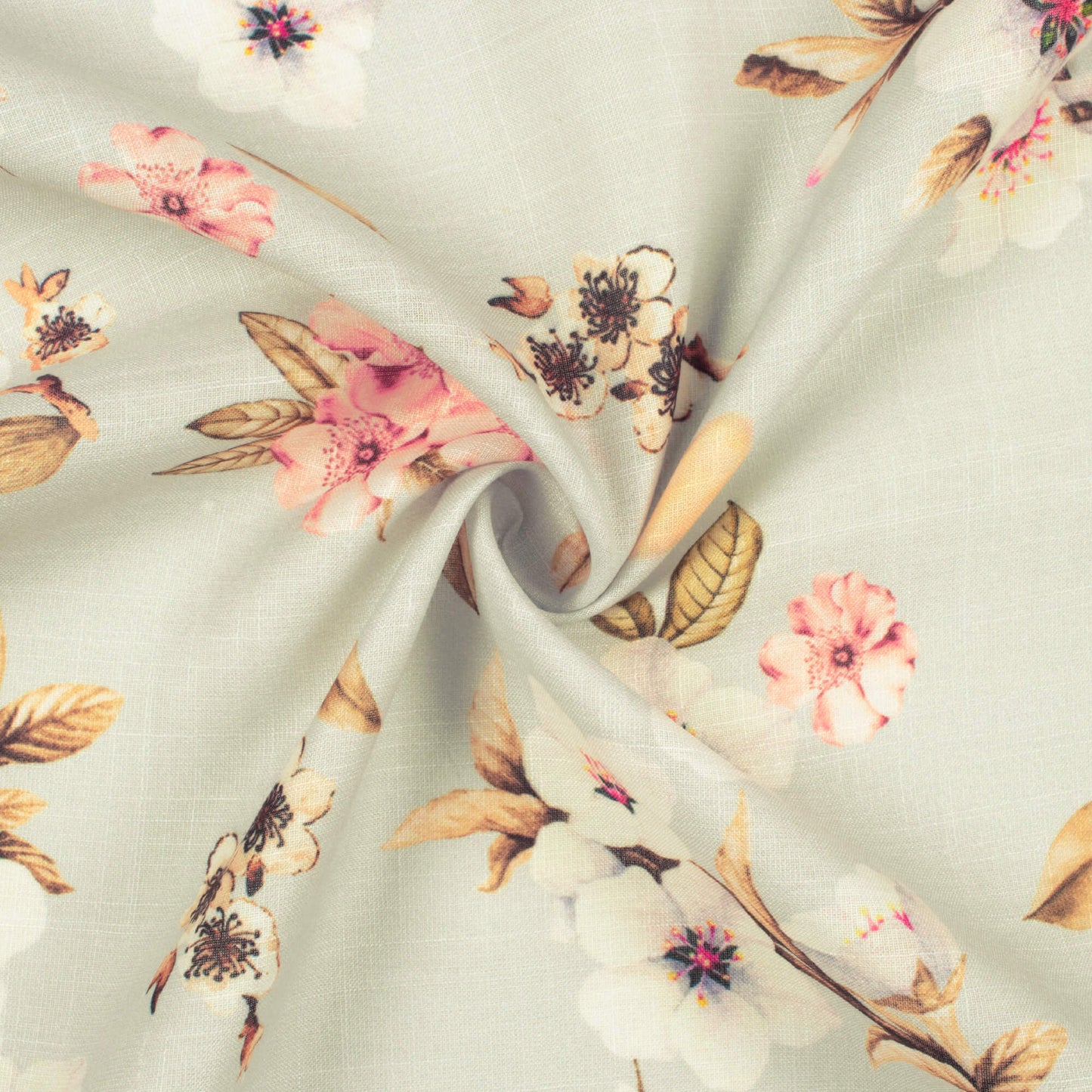 Light Grey And Off White Floral Pattern Digital Print Poly Linen Fabric
