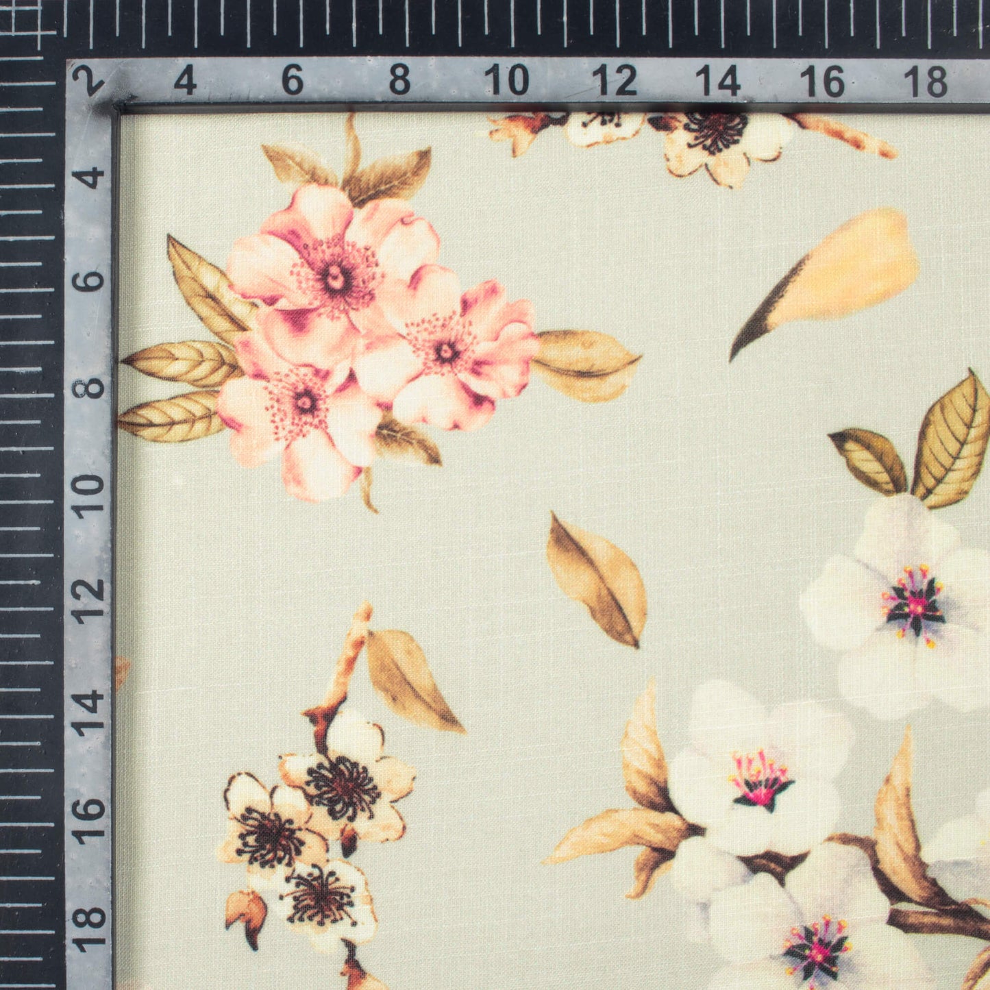 Light Grey And Off White Floral Pattern Digital Print Poly Linen Fabric