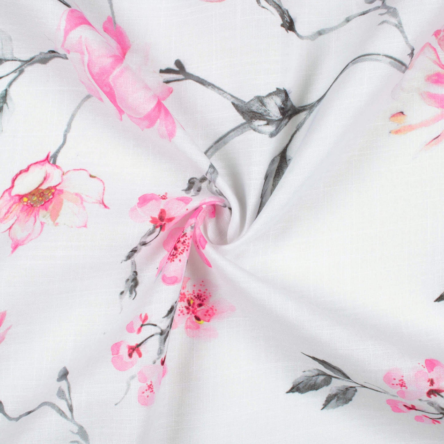 Premium White And Rose Pink Floral Pattern Digital Print Poly Linen Fabric