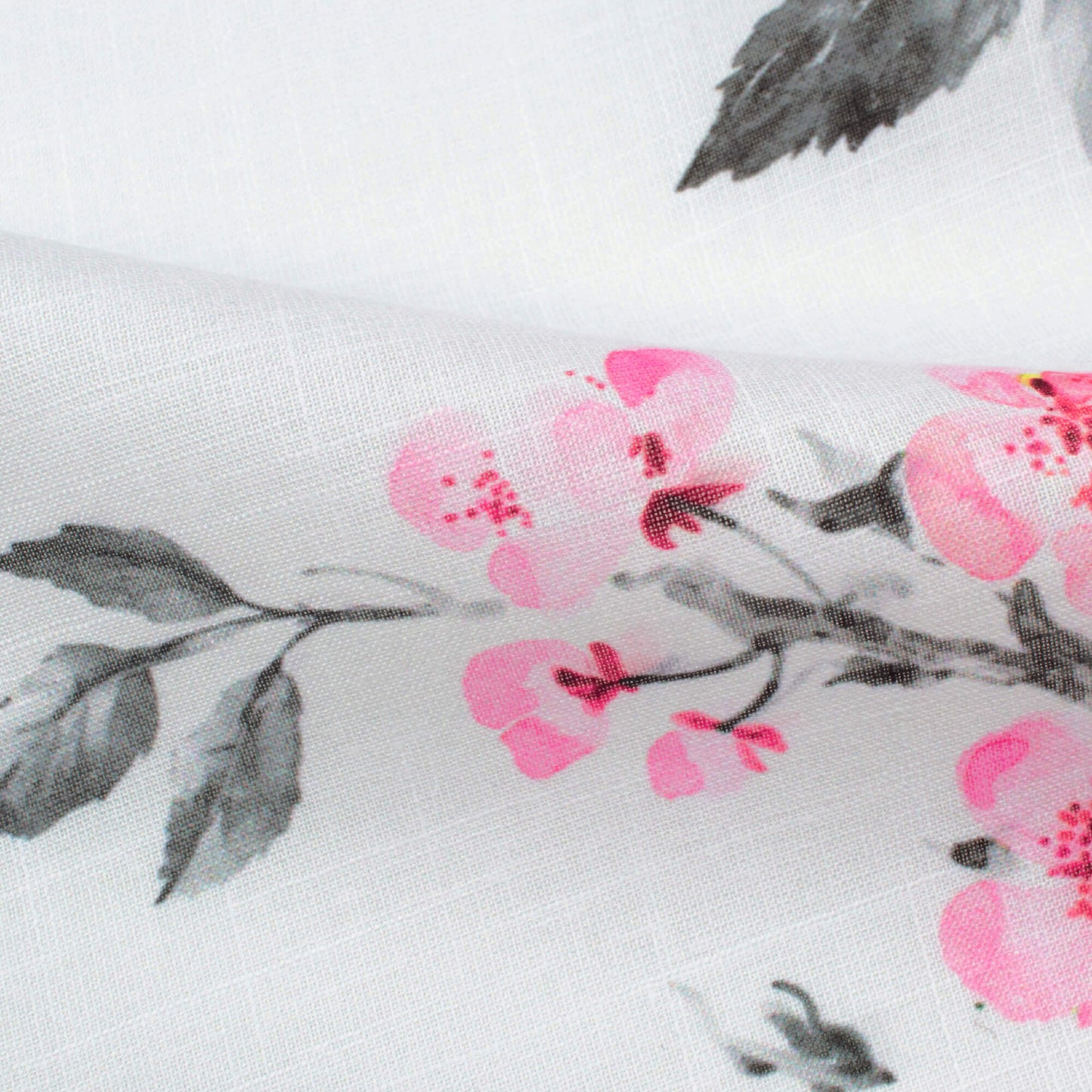 Premium White And Rose Pink Floral Pattern Digital Print Poly Linen Fabric