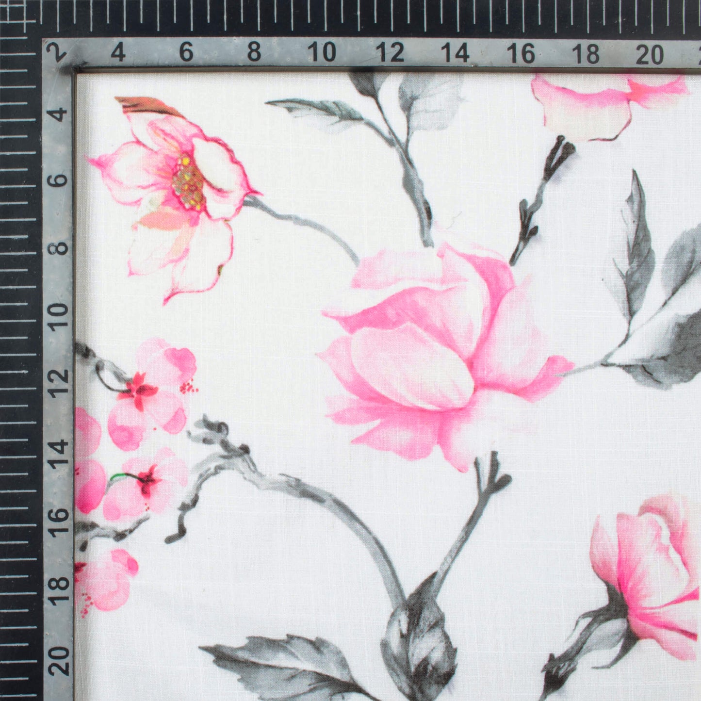 Premium White And Rose Pink Floral Pattern Digital Print Poly Linen Fabric