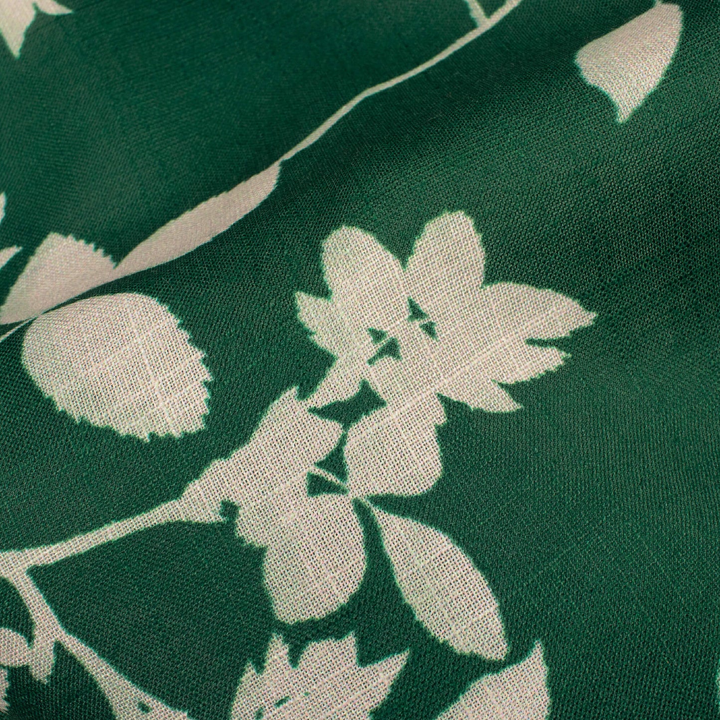 Bottle Green And Beige Leaf Pattern Digital Print Poly Linen Fabric