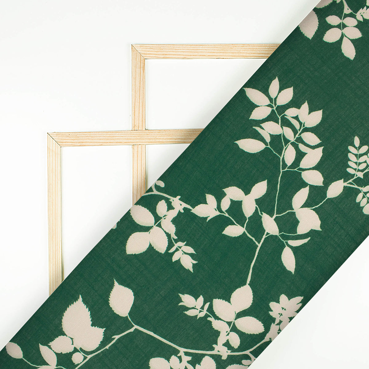 Bottle Green And Beige Leaf Pattern Digital Print Poly Linen Fabric