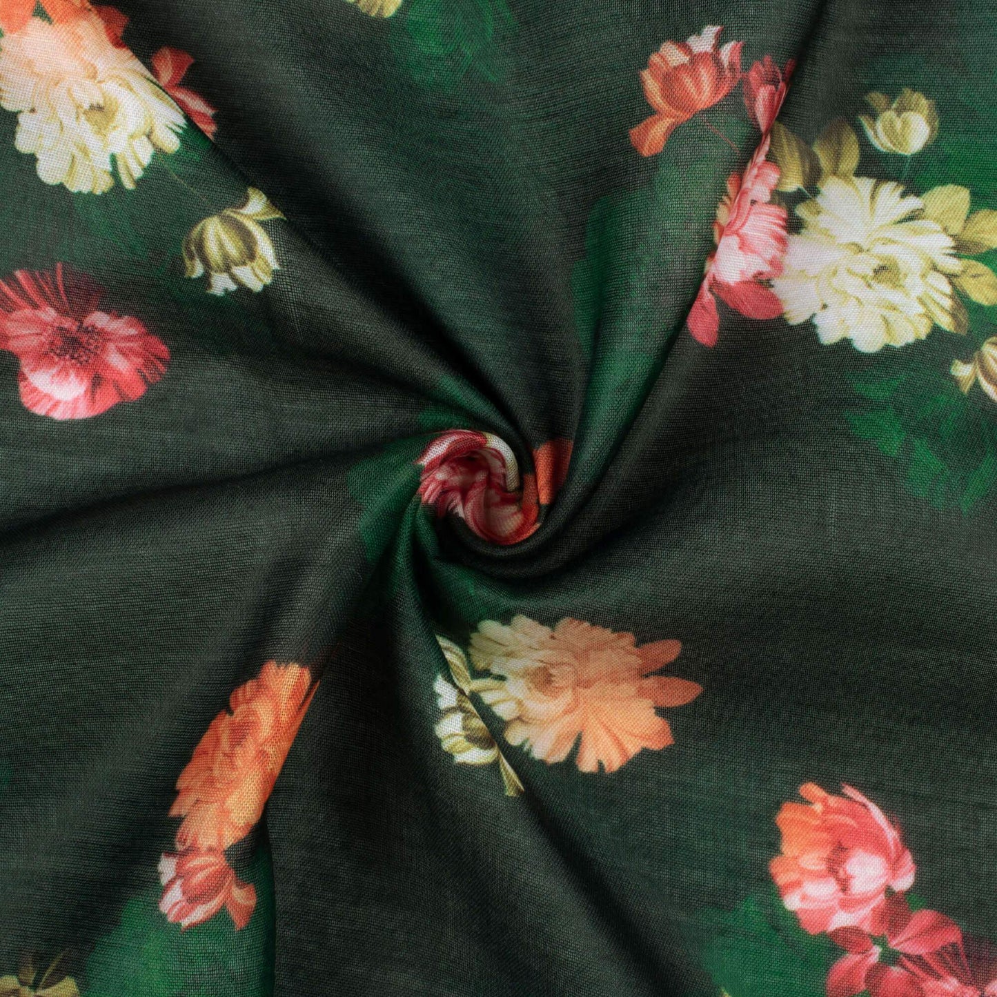 (Cut Piece 1 Mtr) Bottle Green And Rose Pink Floral Pattern Digital Print Poly Mulmul Fabric (Width 40 Inches)