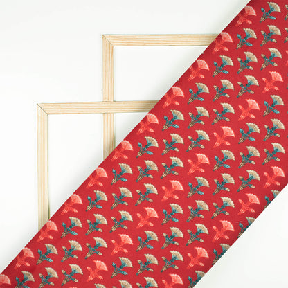 Vermillion Red And Brick Pink Floral Pattern Digital Print Poly Glazed Cotton Fabric