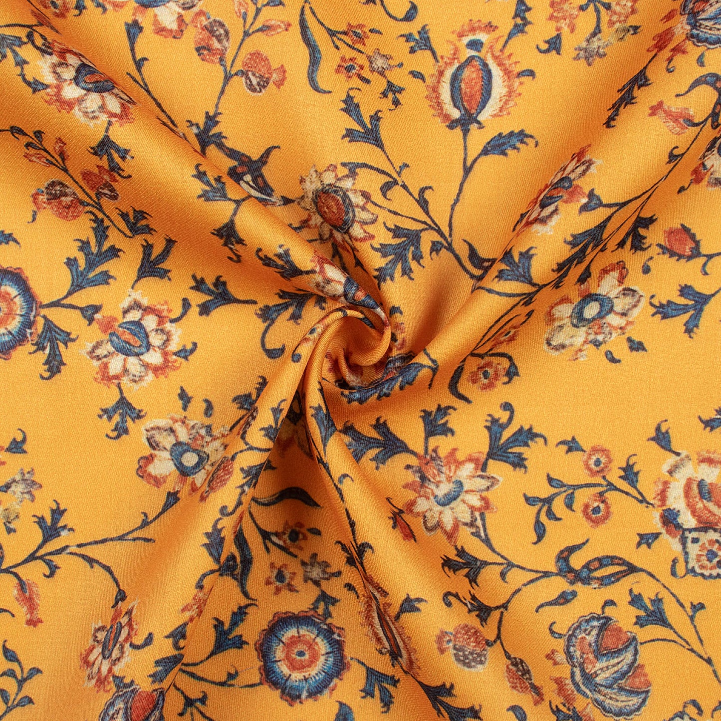 Amber Yellow And Blue Floral Pattern Digital Print Poly Glazed Cotton Fabric