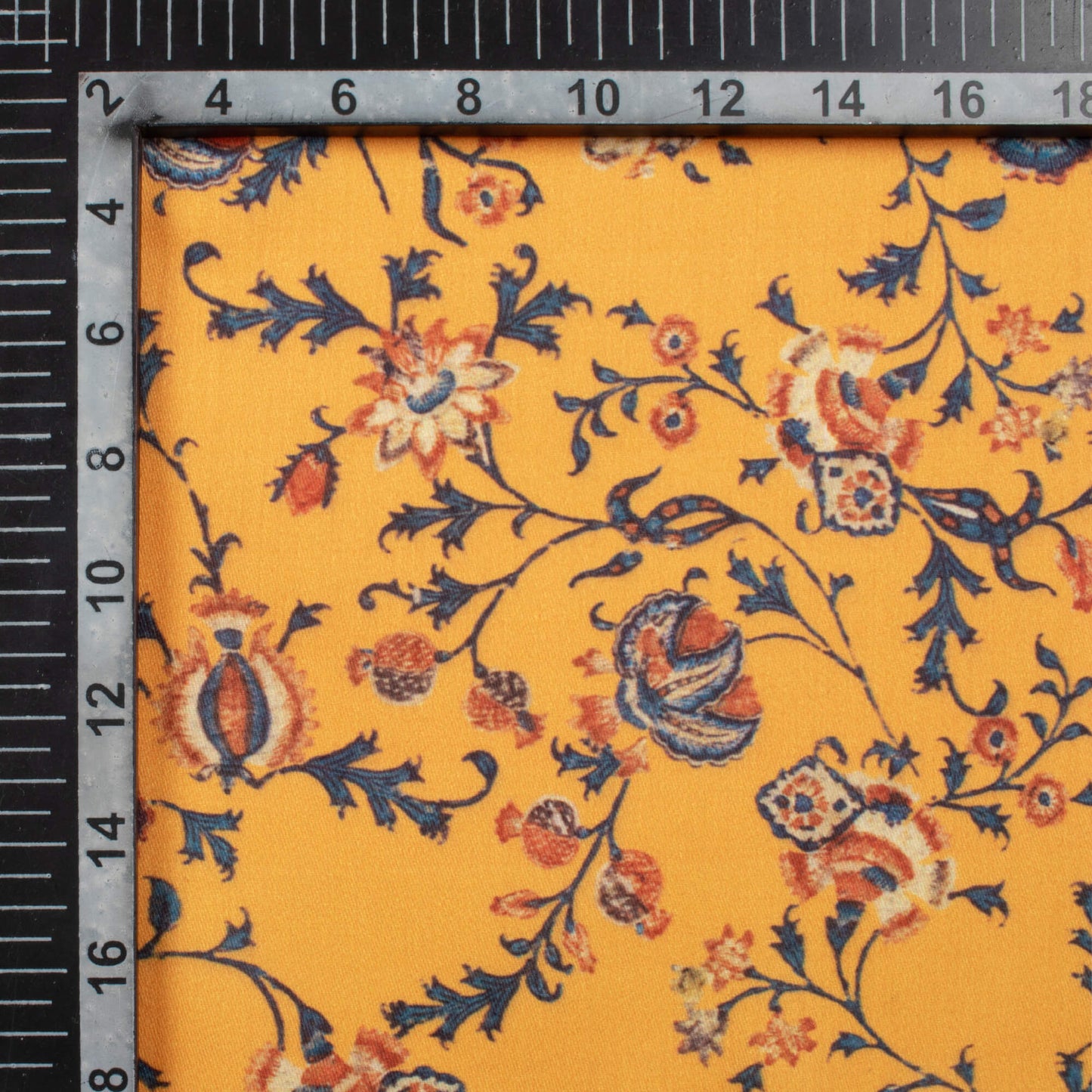 Amber Yellow And Blue Floral Pattern Digital Print Poly Glazed Cotton Fabric