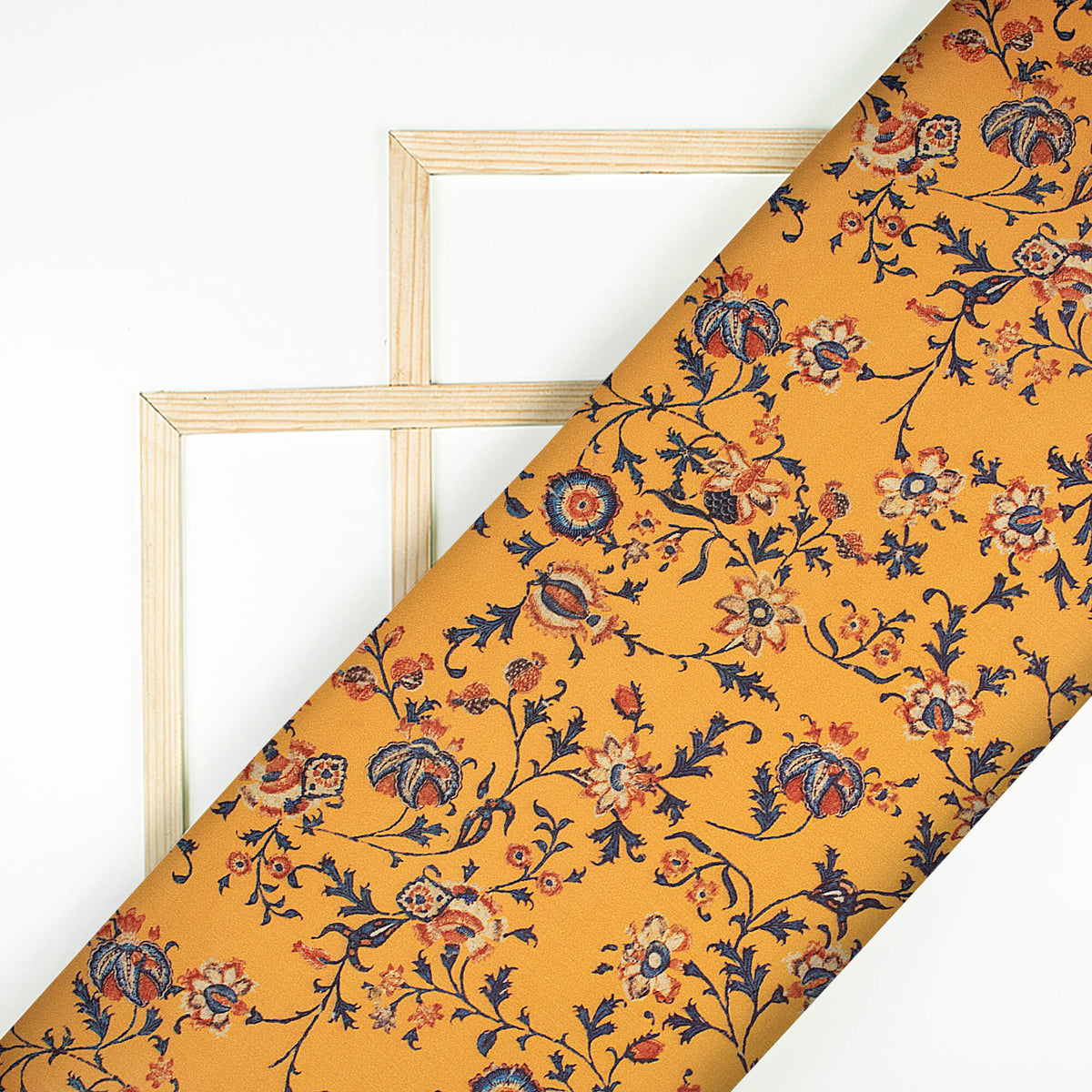 Amber Yellow And Blue Floral Pattern Digital Print Poly Glazed Cotton Fabric