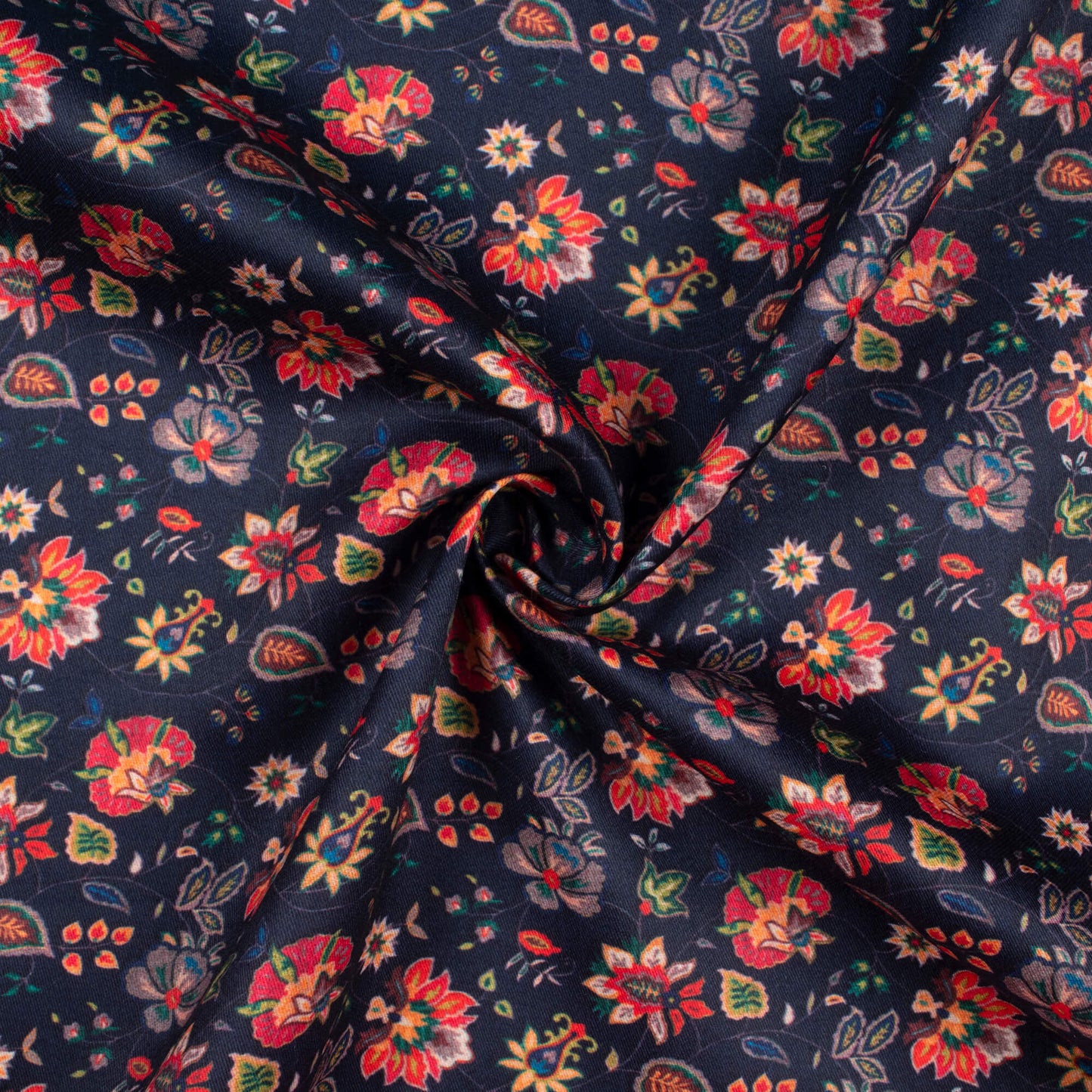Space Blue And Persian Red Floral Pattern Digital Print Poly Glazed Cotton Fabric