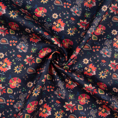 Space Blue And Persian Red Floral Pattern Digital Print Poly Glazed Cotton Fabric