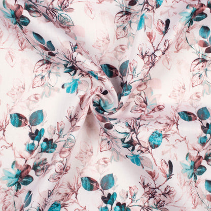 Pearl White And Teal Blue Floral Pattern Digital Print Poly Glazed Cotton Fabric