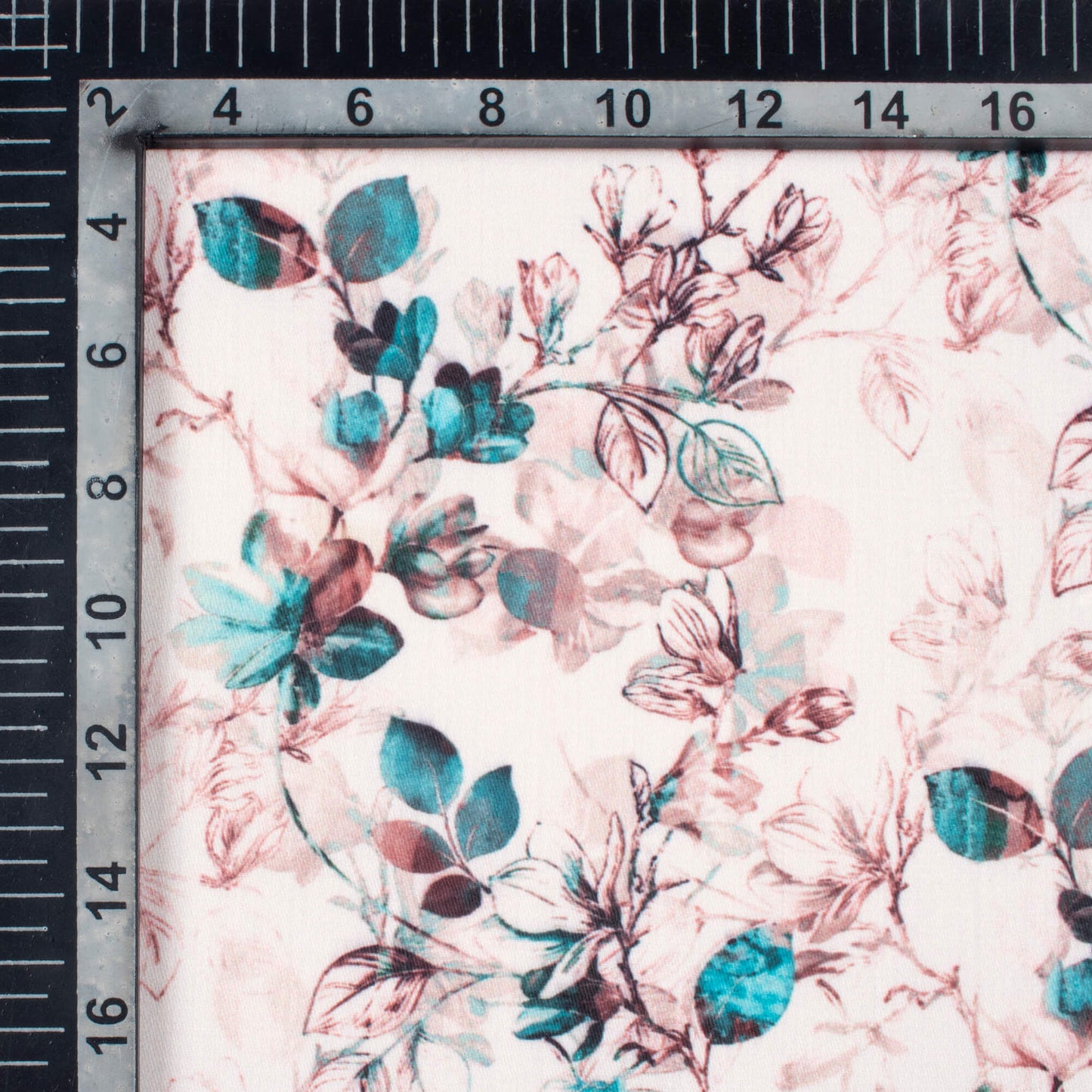 Pearl White And Teal Blue Floral Pattern Digital Print Poly Glazed Cotton Fabric