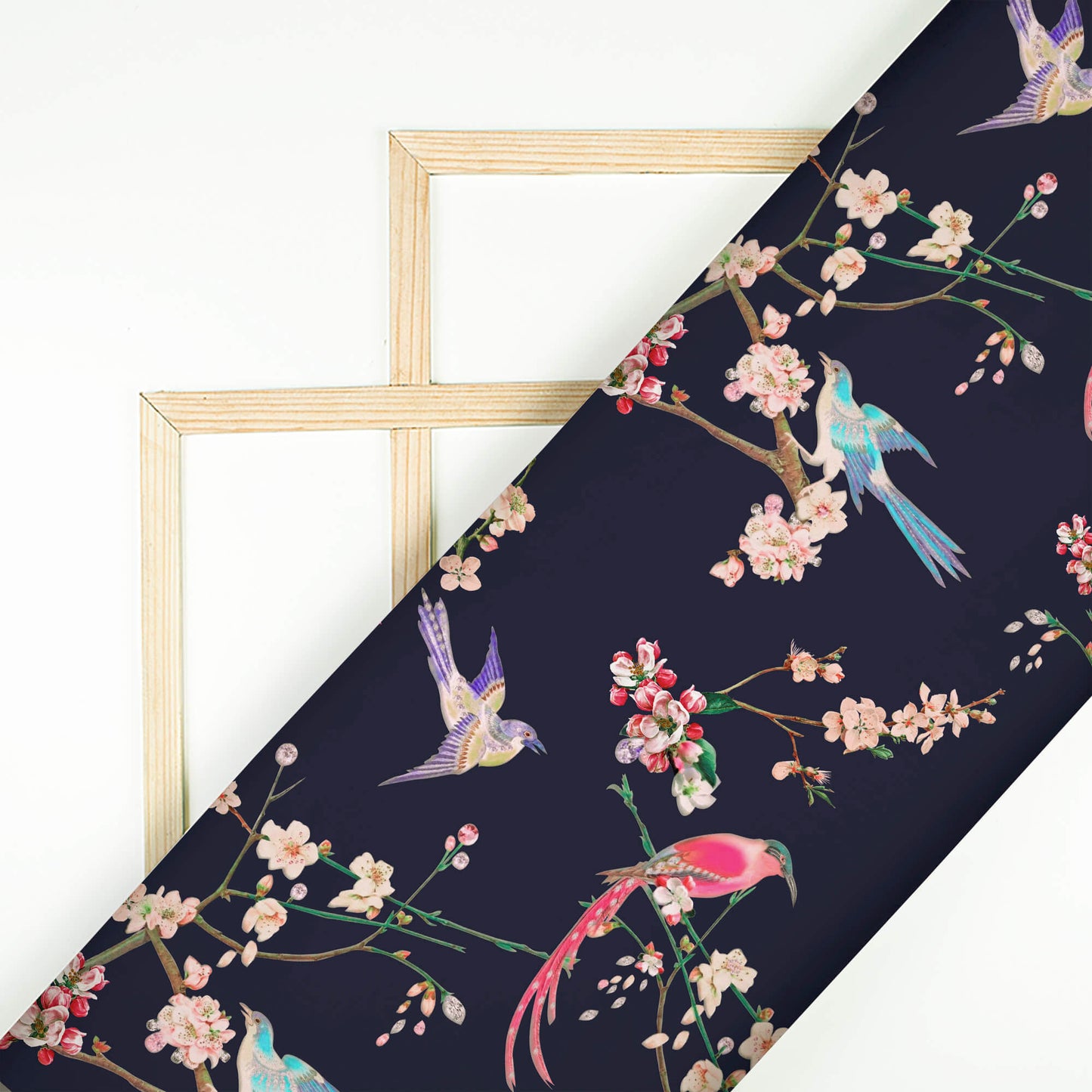 Navy Blue And Hot Pink Floral Pattern Digital Print Crisp Silk Fabric