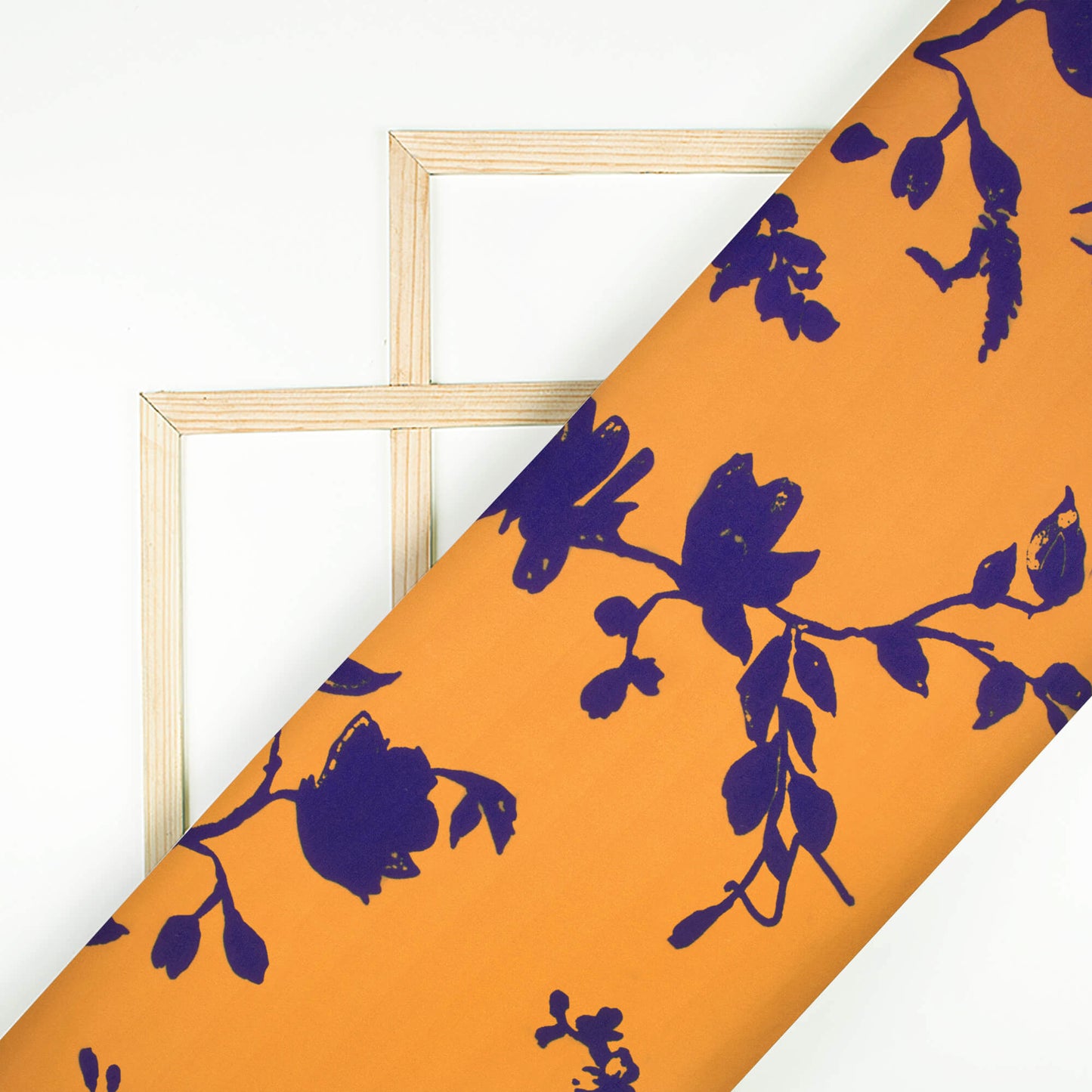 Apricot Orange And Royal Blue Floral Pattern Digital Print Crisp Silk Fabric