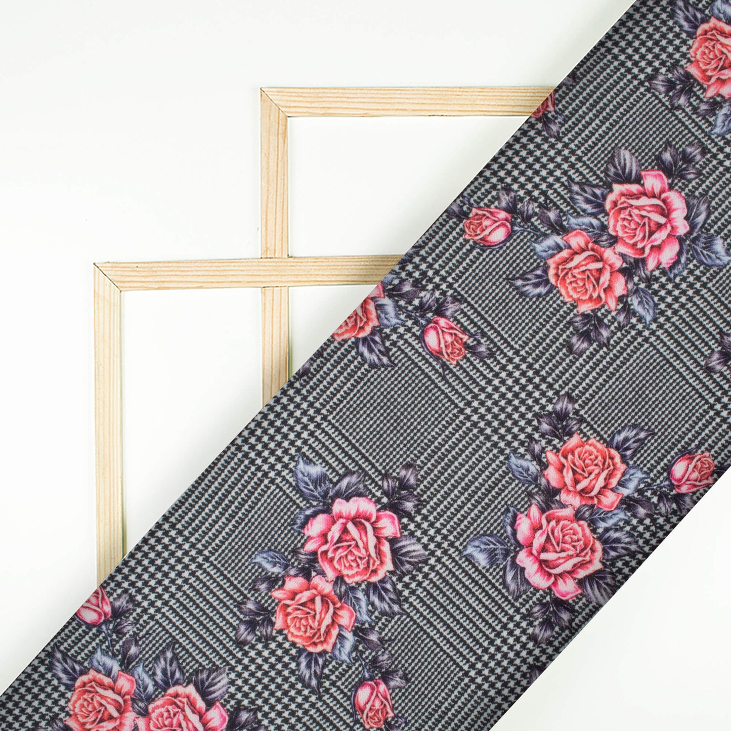 Black And Rose Pink Floral Pattern Digital Print Jam Satin Fabric